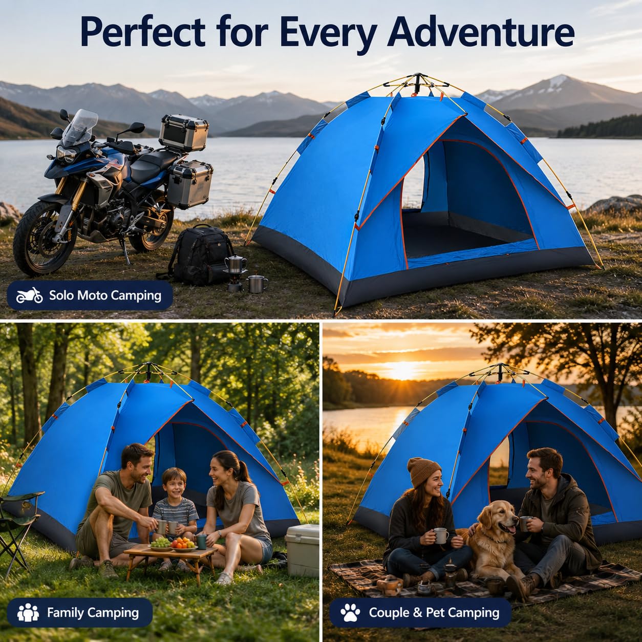 SKY-TOUCH Portable Camping Tent 2-3 Person, 150×200×130cm Lightweight Double Door Tent with Waterproof Fabric, UV Protection, Breathable Mosquito Mesh, Easy Setup Shelter for Camping, Hiking (Blue)
