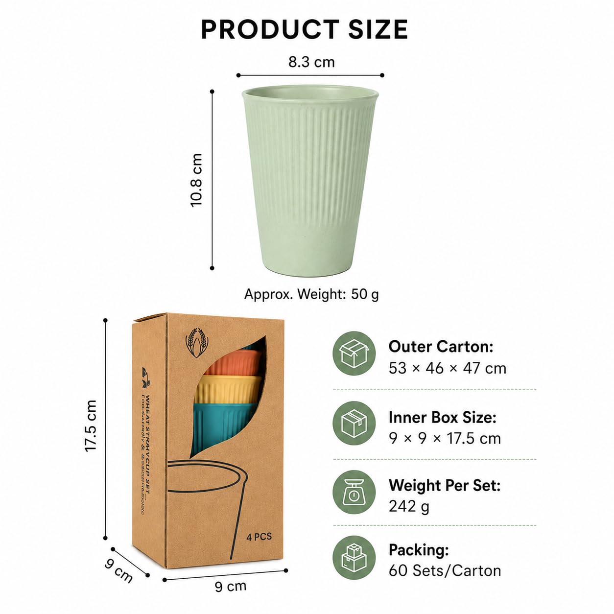 SKY-TOUCH 4 Pack Wheat Straw Cups, 12 oz Reusable Unbreakable Drinking Cups with 3D Textured Stripe Design, BPA-Free, Dishwasher Safe, Includes Yellow, Orange, Dark Blue & Dark Green