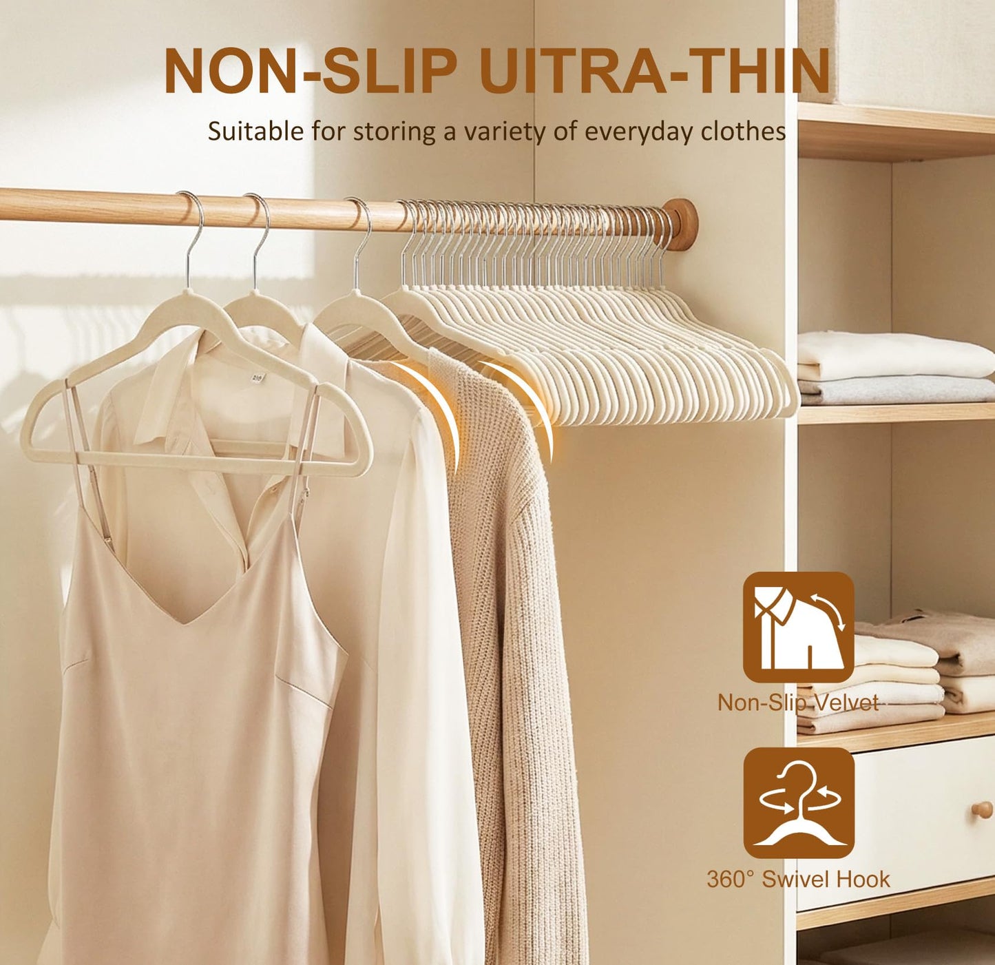 SKY-TOUCH 20pack Non-Slip Velvet Hangers,Ultra Thin Space Saving Suit Hangers,with Tie Bar & 360° Hook,for Suits, Jackets & Clothes- Home Storage Solution (Beige)