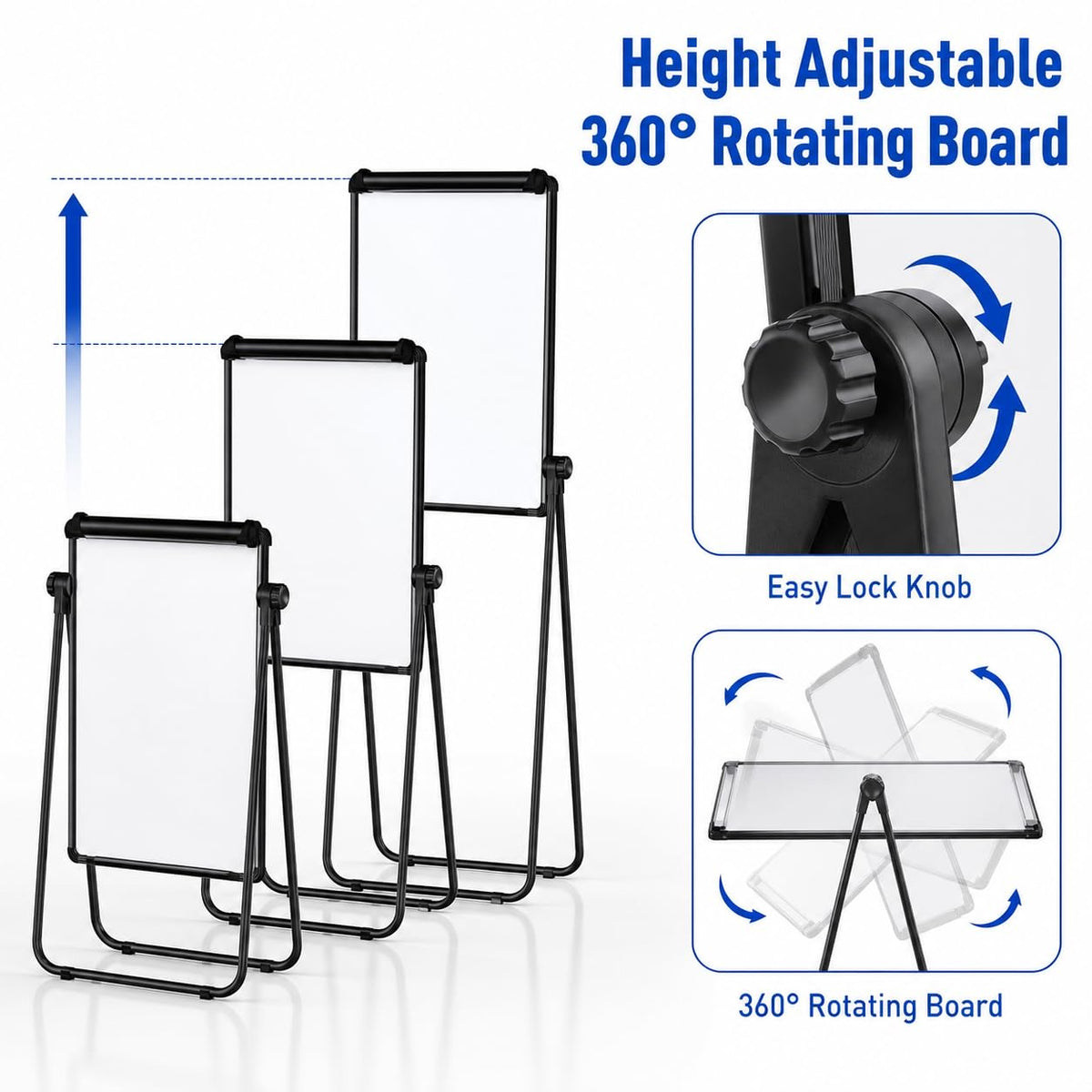 SKY-TOUCH Magnetic Whiteboard Easel 60 x 90 cm, Double-Sided Dry Erase Flipchart Board with Stand, Height Adjustable 360° Rotating Mobile White Board for School, Home, Office and Teaching