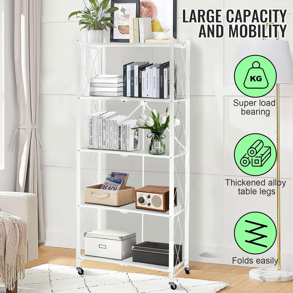 SKY-TOUCH 5 Tier Thickened Foldable Storage Shelves with Wheels, Heavy-Duty Metal Standing Shelf Units, Large Capacity Storage Racks for Kitchen, Garage, Basement, Tool Room, No Assembly (White)