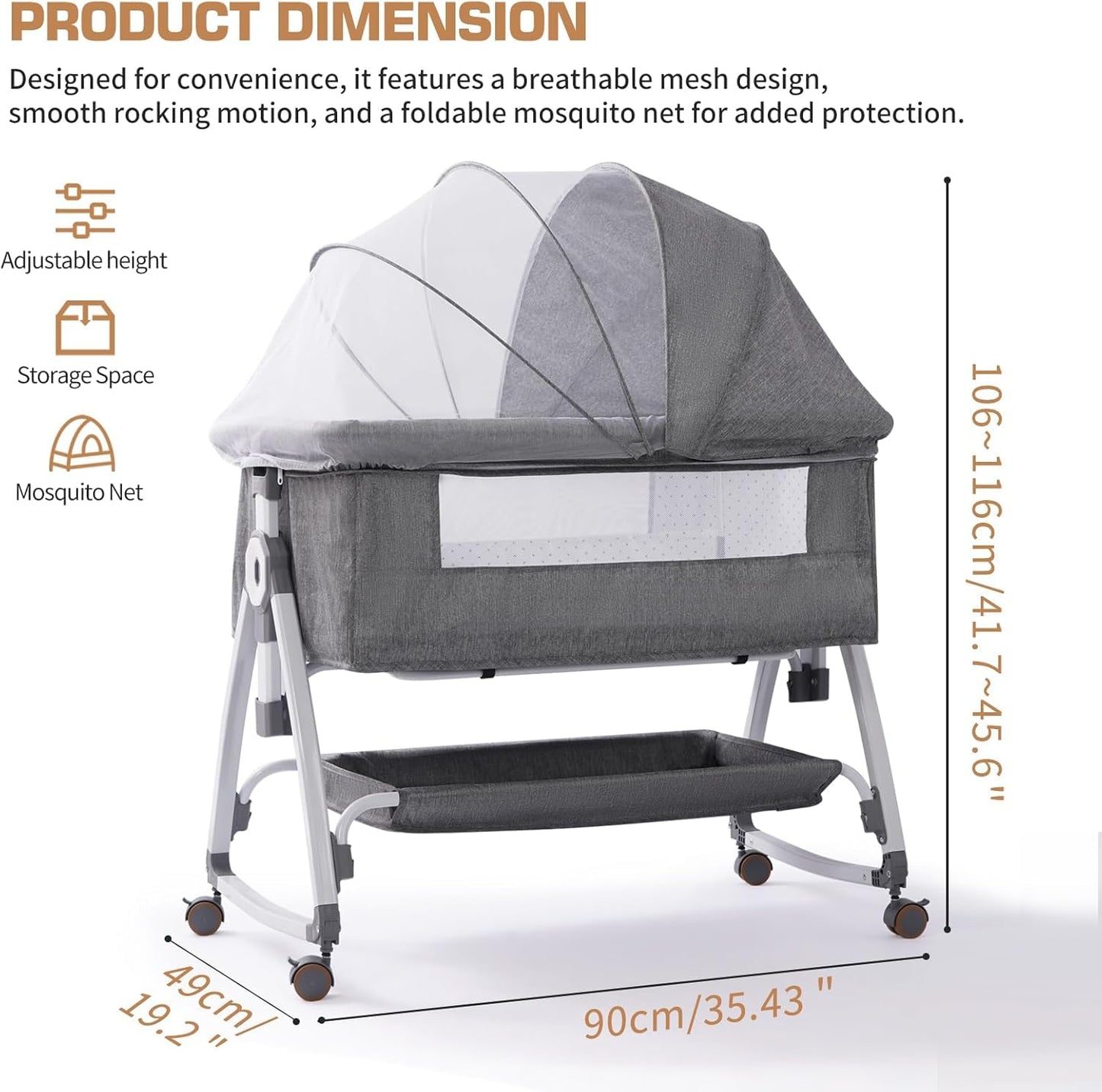 SKY-TOUCH Baby Bedside Crib Adjustable, Baby Cradle with Large Storage Basket, Travel Crib with Mattress Breathable Net,Mosquito Detachable, Soft s 360°Swivel Wheels, for Infants Newborn, Grey