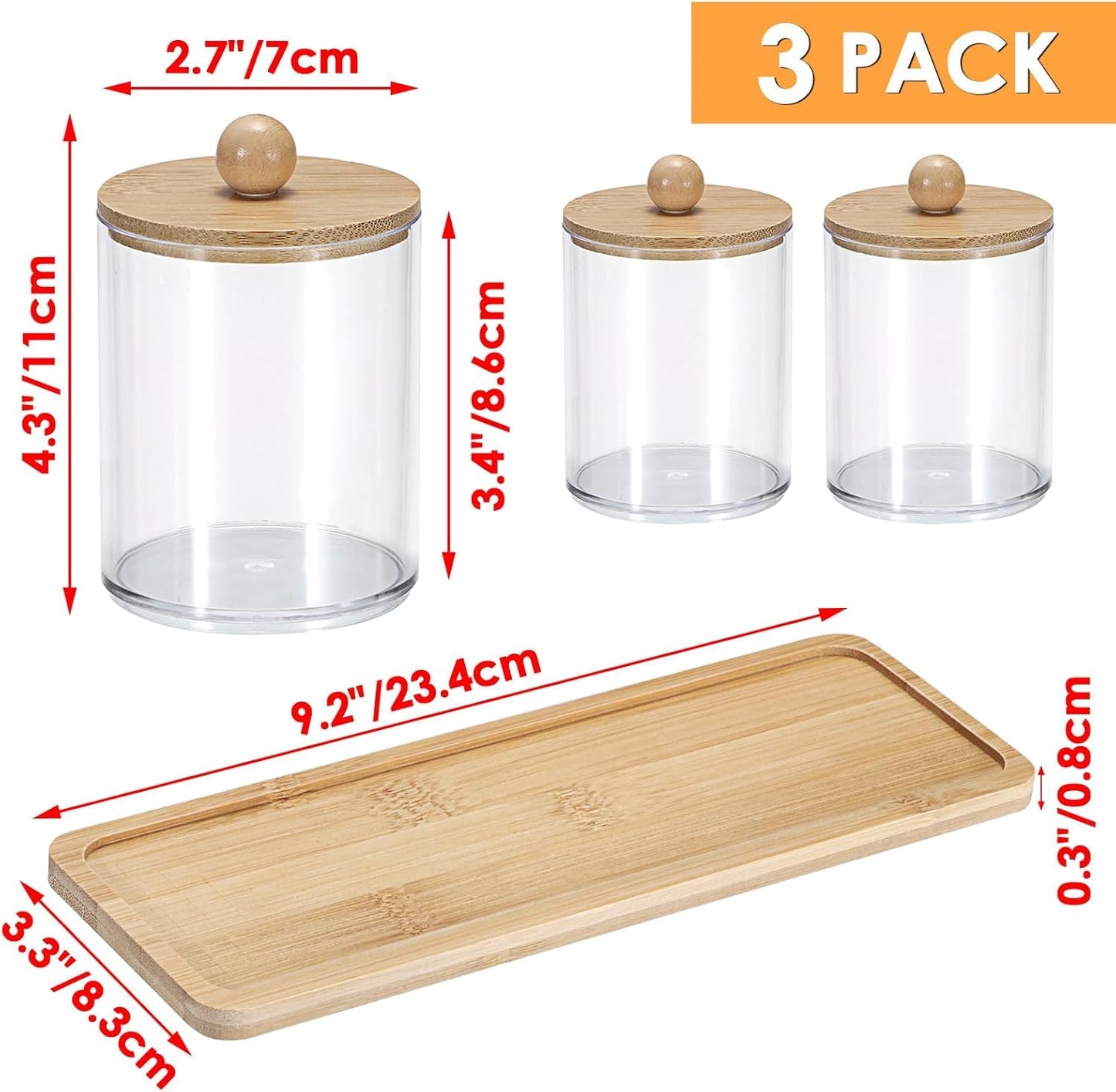 SKY-TOUCH 3-Pack Bathroom Jars Qtip Jars with Bamboo Lids, Acrylic Clear Apothecary Canisters for Cotton Balls, Q-tips, Floss, and Swabs – Includes Tray for Organized Bathroom Accessories