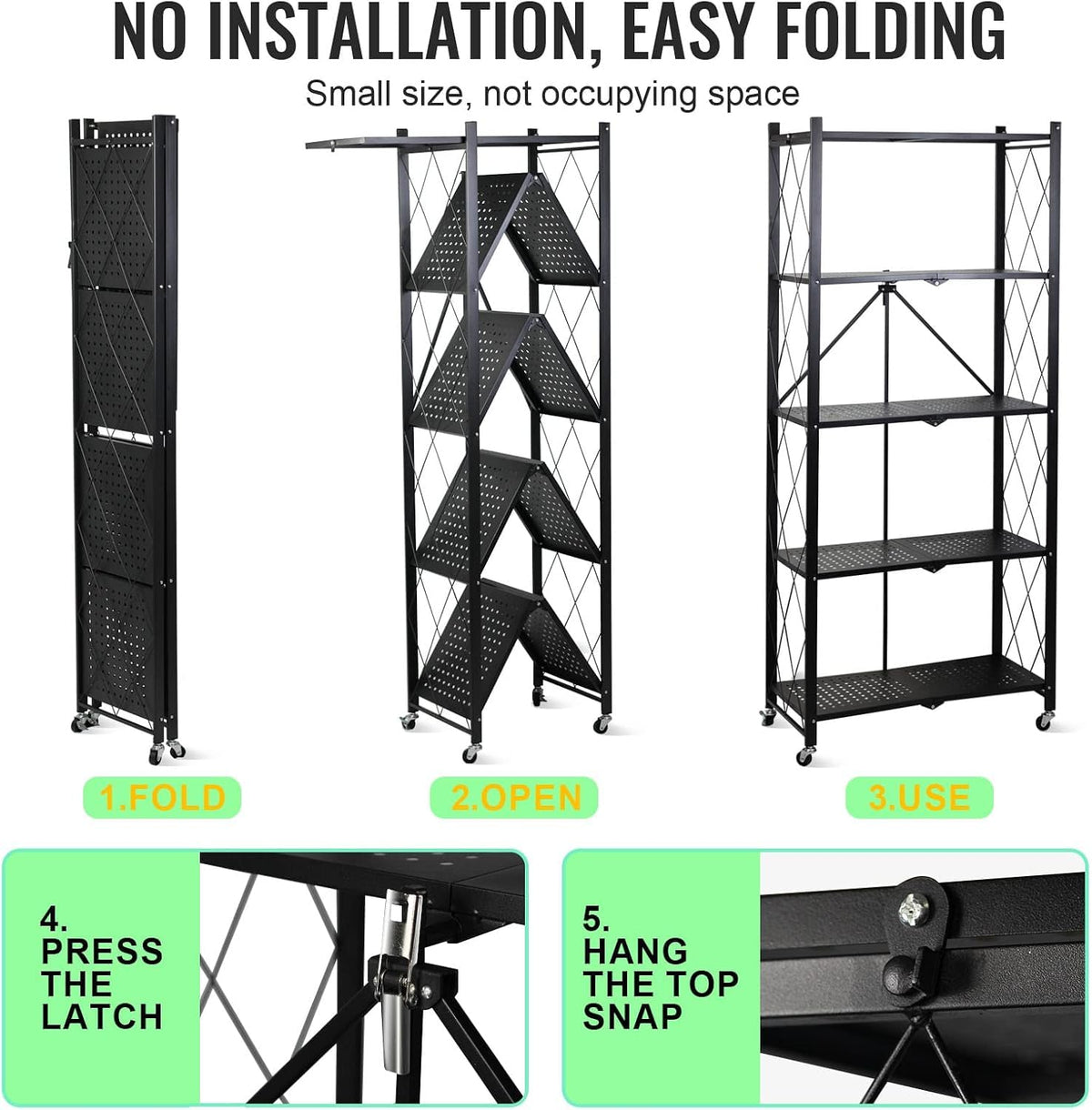 SKY-TOUCH 5 Tier Thickened Foldable Storage Shelves with Wheels, Heavy-Duty Metal Standing Shelf Units, Large Capacity Storage Racks for Kitchen, Garage, Basement, Tool Room, No Assembly (Black)