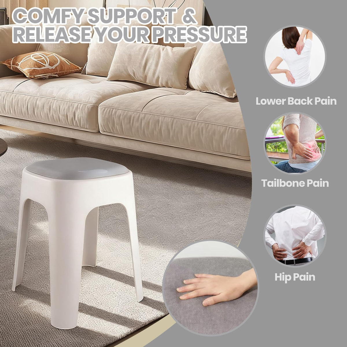 SKY-TOUCH 1 PACK Stackable High Square Stool with Fabric Soft Cushion, Durable Backless Stool,Furniture Stool for Living Room Dining Room Indoor Furniture L31xW31xH48cm - Grey