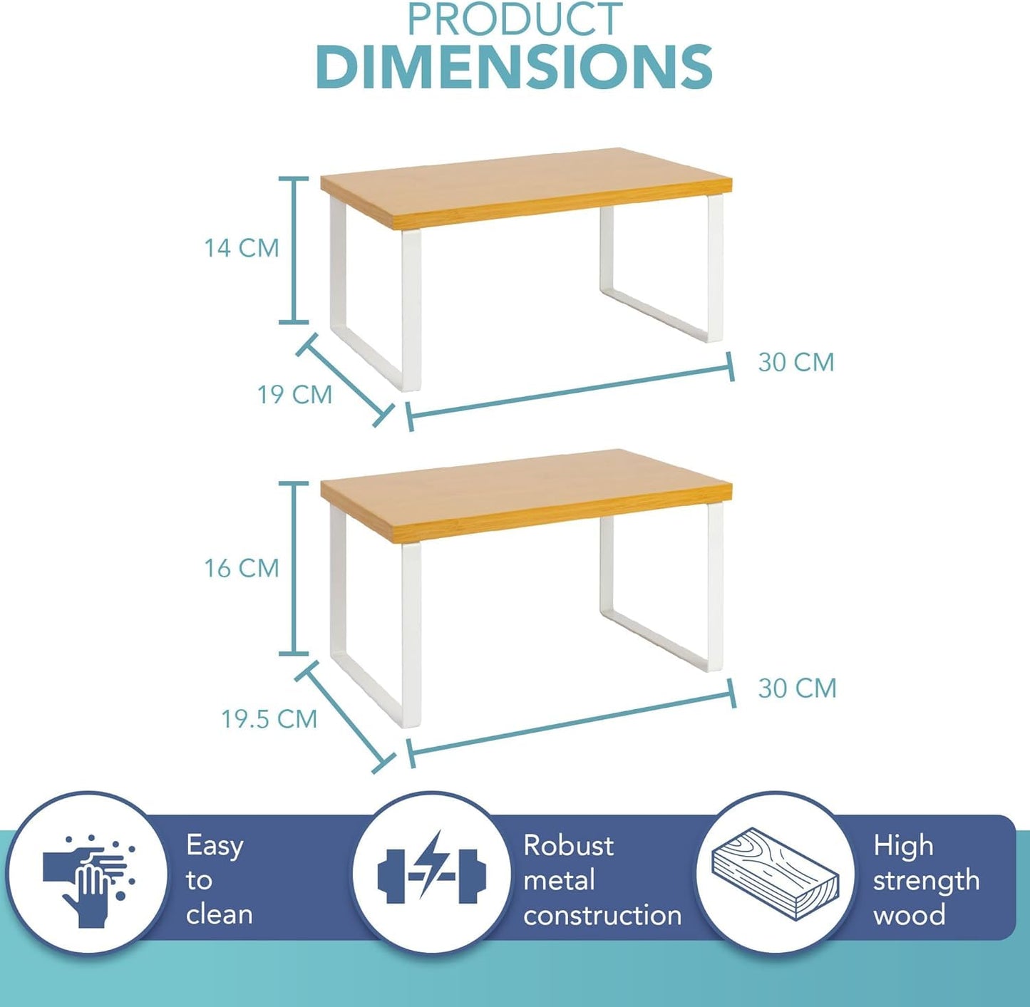SKY-TOUCH Stackable Kitchen Organizer Shelf, Set of 2 Counter Shelves– 30×19×14cm & 30×19.5×16cm, Natural wood color rack, Metal & Engineered Wood, Storage Solution for Pantry & Countertop