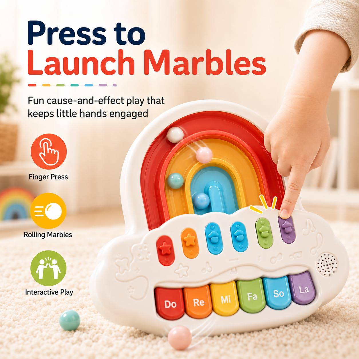 SKY-TOUCH 2 in 1 Baby Piano with Light Up Keyboard & Marble Game, 4 Modes Musical Learning for 12+ Months, Sensory Infant Gift for Boys & Girls