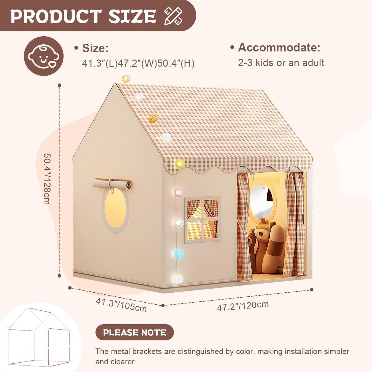 SKY-TOUCH Children's Indoor Play Tent, Princess Castle Playhouse, Suitable for Indoor and Outdoor Use, Includes cotton ball lamp, 120 * 105 * 128 cm, Washable and Foldable Comes with Portable Bag,Gray