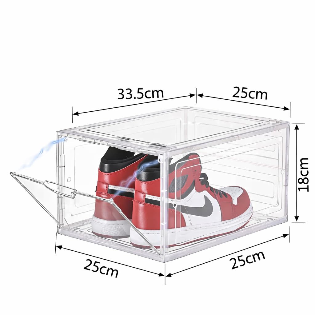 SKY-TOUCH Shoe Storage Box, 6 Pcs Shoe Box Clear Plastic Stackable, Sturdy Foldable Shoe Organizer Containers with Magnetic Door for Women/Men, White, 33.5x25x18cm