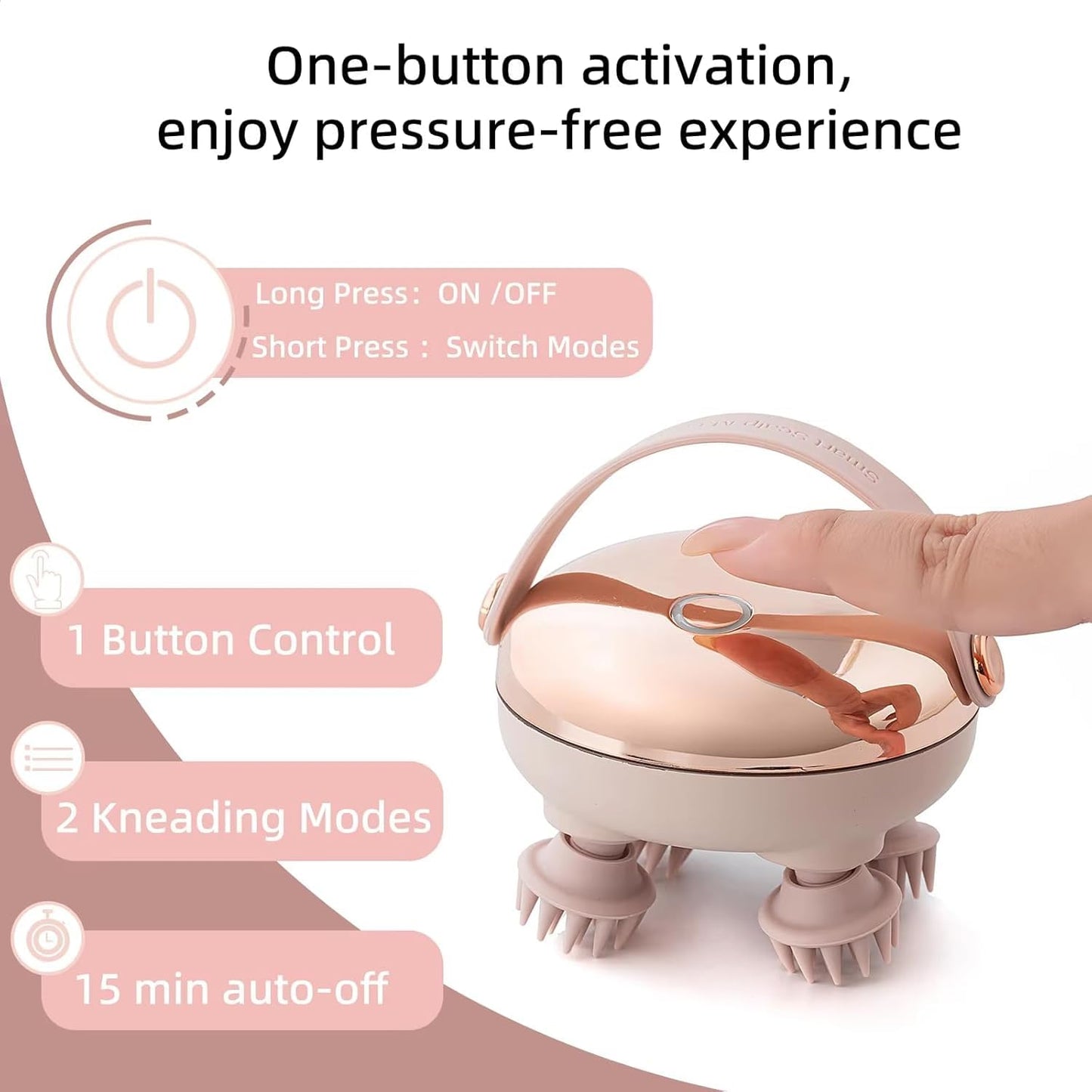 SKY-TOUCH Handheld Head Massager,Full Body Portable Massager,2 Massage Modes with 4 Silicone Massage Heads, 360° Rotating Kneading, Wet & Dry Use