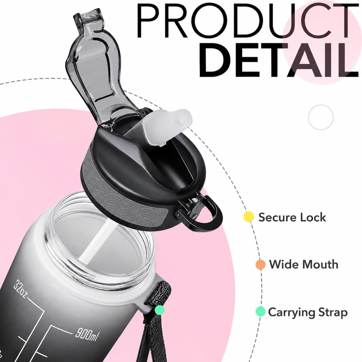 SKY-TOUCH 1L Sports Water Bottle : Motivational Water Bottle with Time Marker and Straw Leakproof Water Bottles for Fitness Gym and Outdoor Sports Black&White