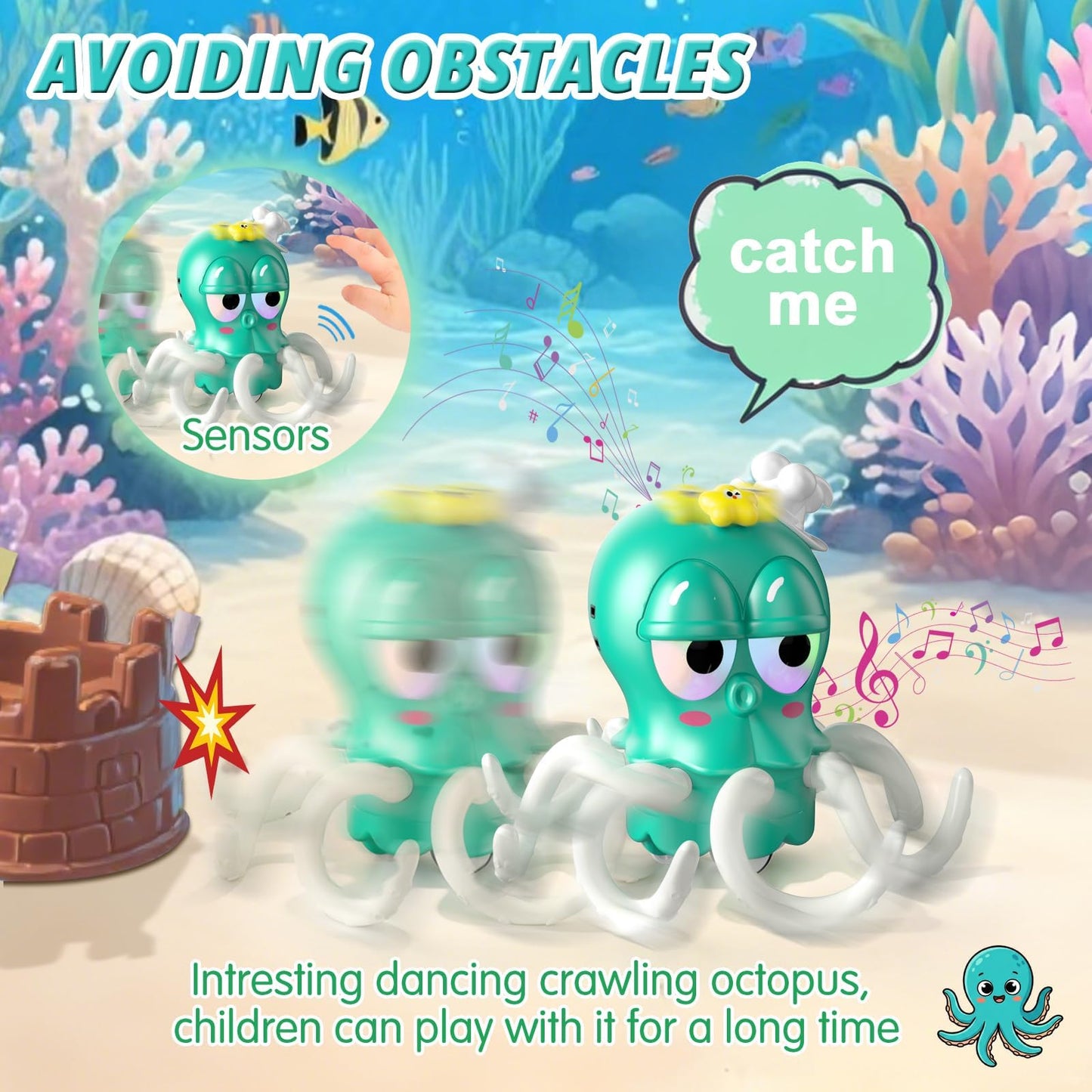 SKY-TOUCH Dancing Octopus Kids Toy, Baby Tummy Time Crawling Toys, Dancing Squid with Music & Light for Boys Girls, Infant Learning Crawling Walking Toy Toddler Birthday Gifts, 18 month+