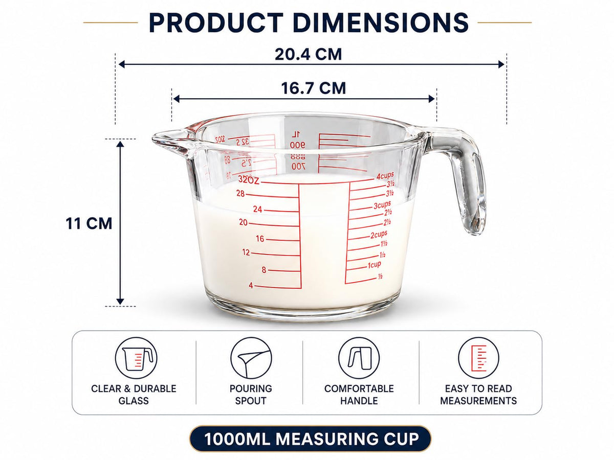 SKY-TOUCH 1000ml Glass Measuring Cup, Heat-Resistant Borosilicate Measuring Jug with Easy-Read Red Markings, Precision Pour Spout & Ergonomic Handle for Baking, Cooking, Mixing and Microwave Use