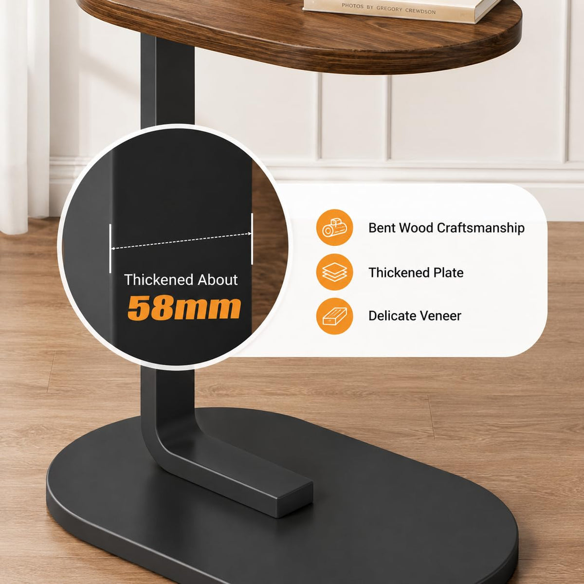 SKY-TOUCH C-Shaped End Table, Small Side Table for Couch, Sofa table, Perfect Snack Table with Metal Frame for Bedroom, Living Room & Small Spaces, Overbed Tables (Walnut) - 45x28x58.5cm