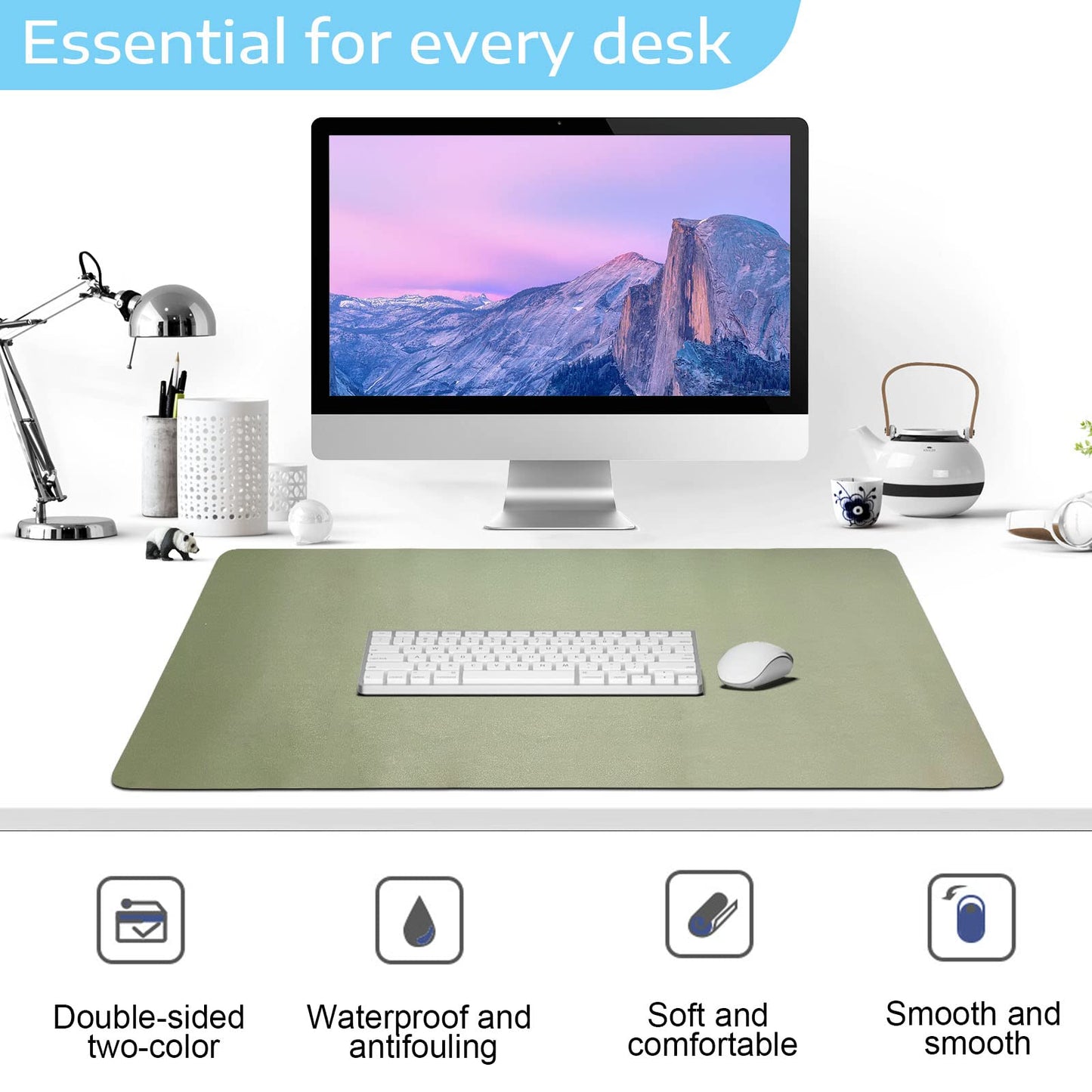 SKY-TOUCH Mouse Pad Large 80x40cm, Leather Computer Pad Office Desk Mat Extended Gaming Mouse Pad, Non-Slip Waterproof Dual-Side USe Desk Mat Protector (Green/Silver)
