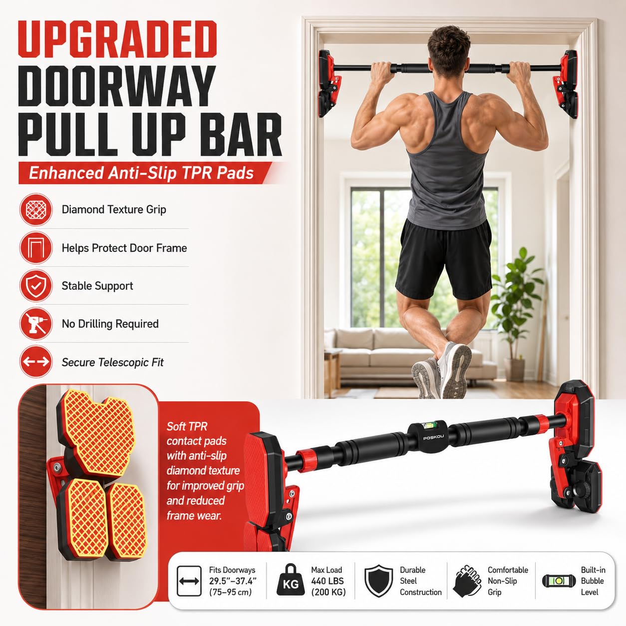 SKY-TOUCH Pull Up Bar for Doorway, Adjustable 70-96cm Chin Up Bar with Dual Support Design and Dual Bubble Levels, No Drill Installation Strength Training Bar for Home Gym Fitness Exercise