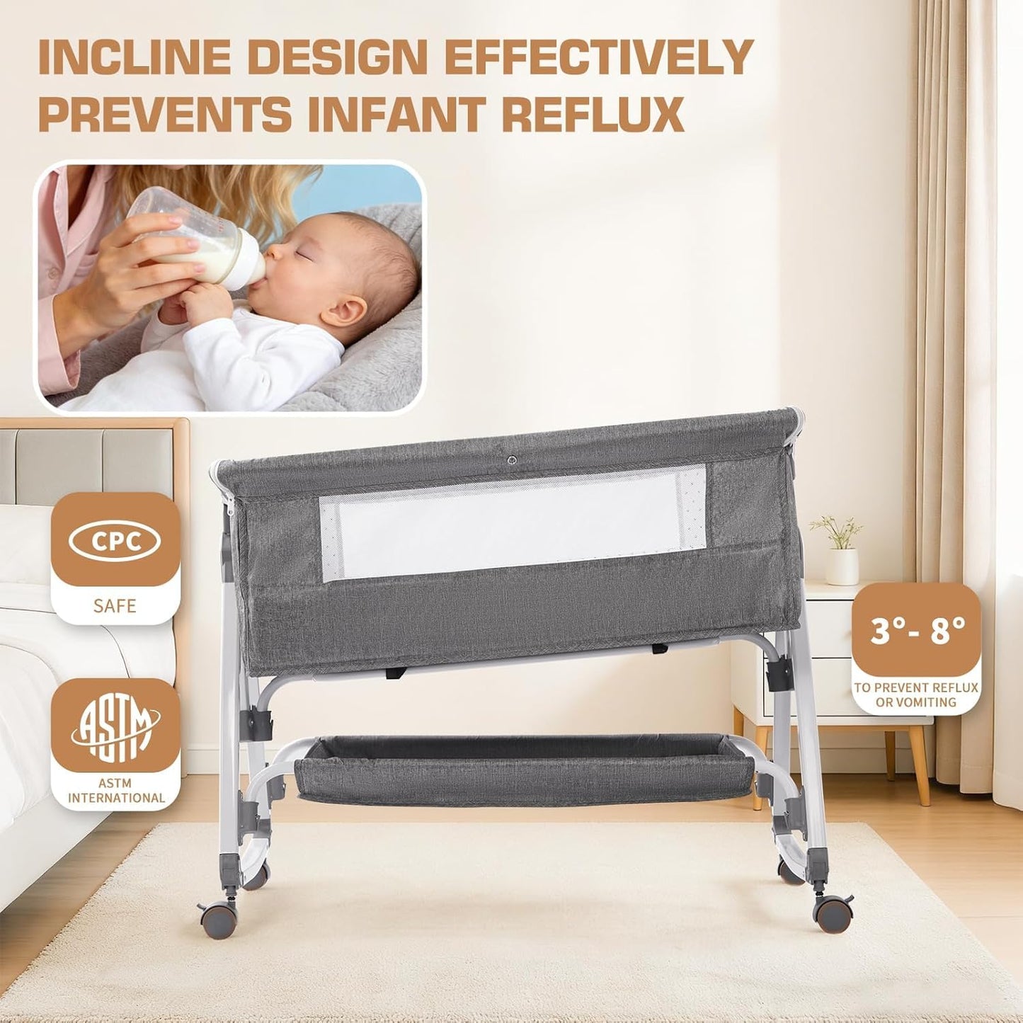 SKY-TOUCH Baby Bedside Crib Adjustable, Baby Cradle with Large Storage Basket, Travel Crib with Mattress Breathable Net,Mosquito Detachable, Soft s 360°Swivel Wheels, for Infants Newborn, Grey