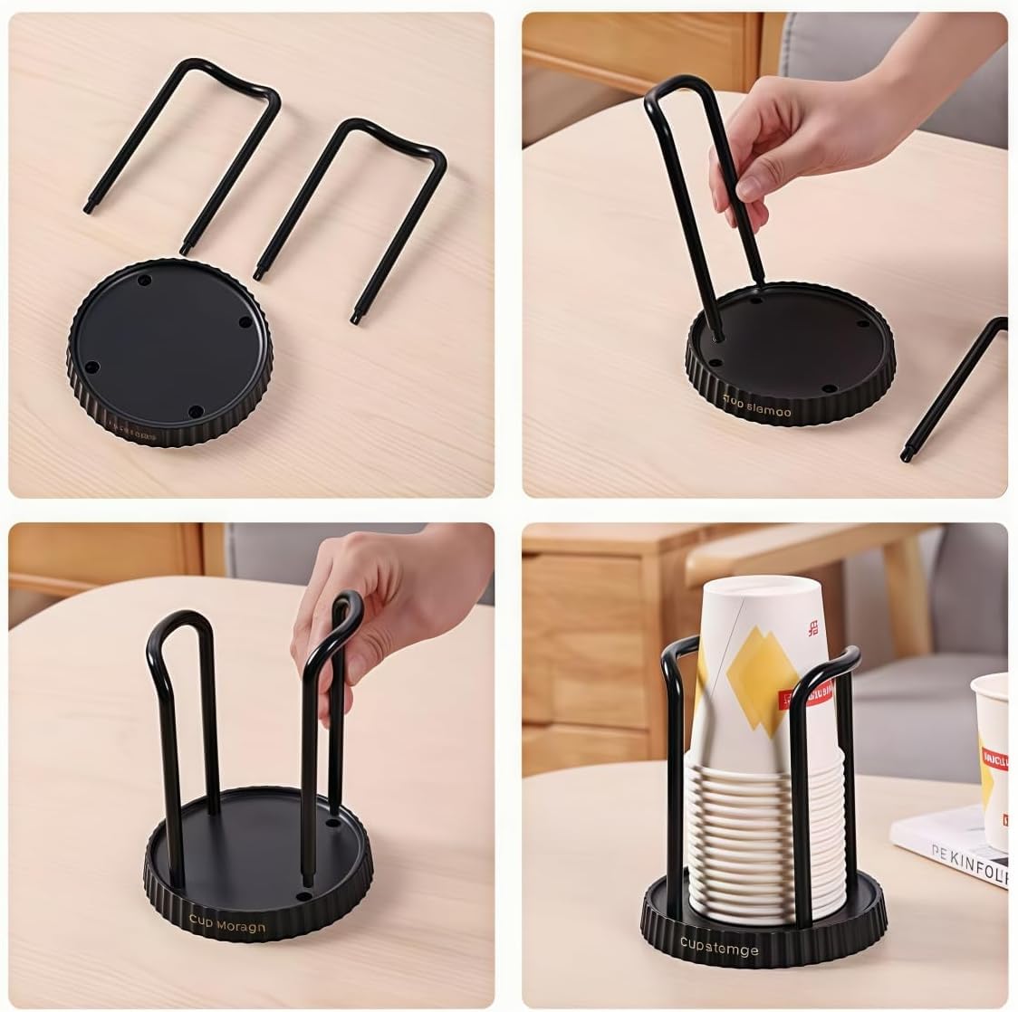 SKY-TOUCH Disposable Cup Storage Rack, Black – Paper & Plastic Cup Holder, Stackable Coffee & Tea Cup Organizer, Draining Tray, Space-Saving Kitchen & Office Cup Dispenser