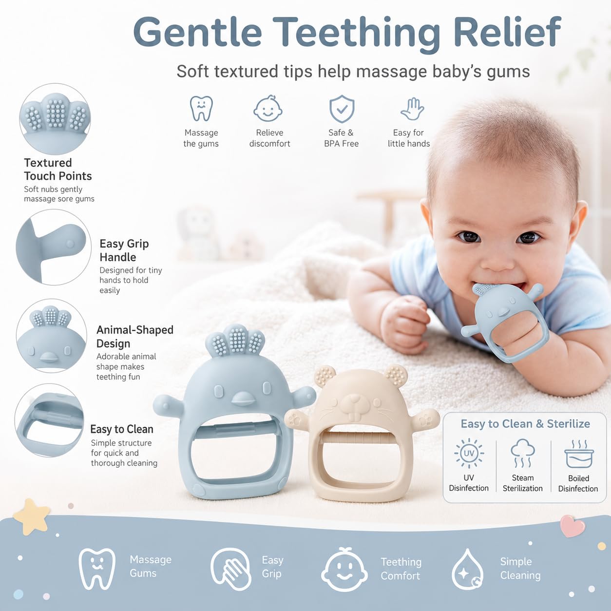 SKY-TOUCH 2 Pack Silicone Baby Teething Mittens, Hand Teether Gloves for 3+ Months, BPA-Free Silicone, Anti-Drop Teether for Gum Relief (White/Blue)