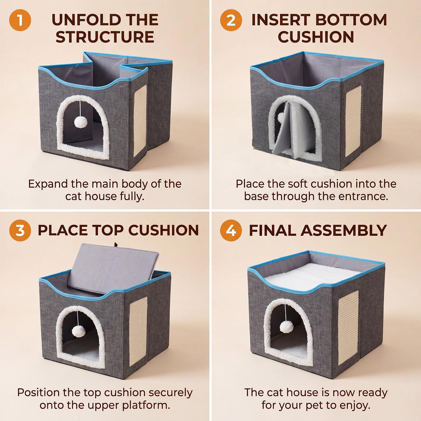 SKY-TOUCH Foldable Cat House Cave Bed with Scratching Board & Fluffy Ball, Indoor Cat Igloo Bed for Multi Small Pets, Grey – Pet Safe Durable, 41x41x35cm