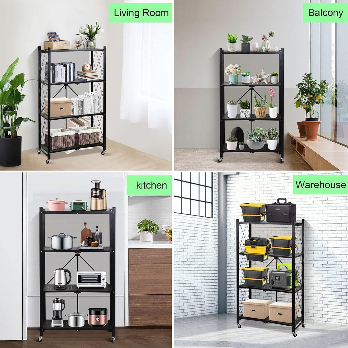 SKY-TOUCH 4 Tier Thickened Foldable Storage Shelves with Wheels, Heavy-Duty Metal Standing Shelf Units, Large Capacity Storage Racks for Kitchen, Garage, Basement, Tool Room, No Assembly (Black)
