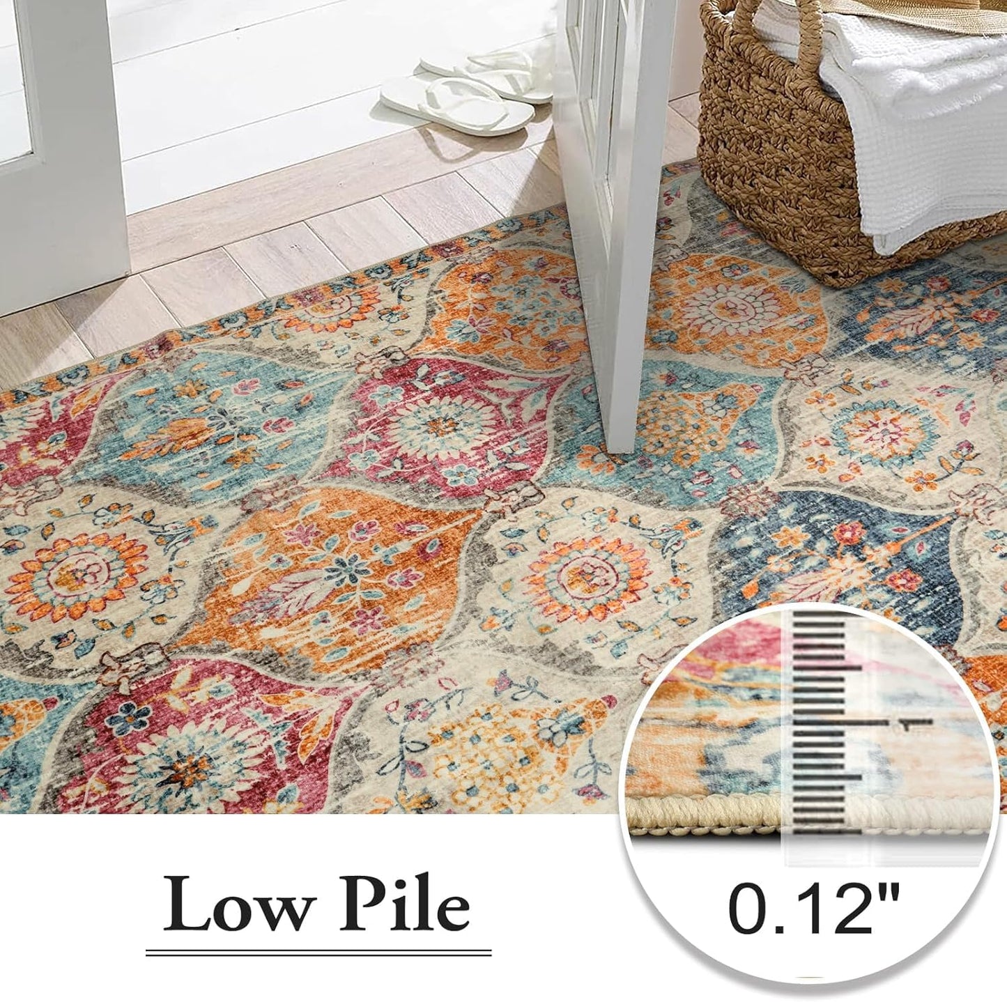 SKY-TOUCH Moroccan Retro Washable Area Rug, 100x160cm Soft Rug for Bedroom Kitchen Office Entryway Bathroom, Non-Slip Oriental Accent Throw Carpet,Cream/Multi Color