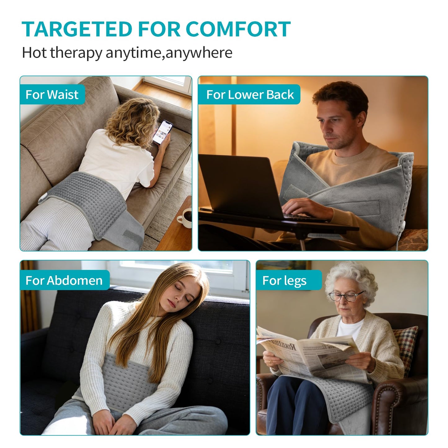 SKY-TOUCH Electric Heating Pad Wrap for Waist & Body, LCD Controller, 9 Heat Levels, 4 Timer Settings, Soft Touch, Fast Heating, Machine Washable - 60x31cm, Ideal for Back, Belly, Legs, & More