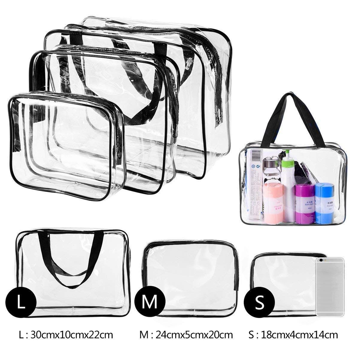 3Pcs Clear Cosmetic Bag Vinyl Air Travel Toiletry Bags Bulk, Water Resistant PVC Packing Cubes with Zipper Closure & Carry Handle for Women Baby Men, Make up brush Case Beach Pool Spa Gym Bag, Black