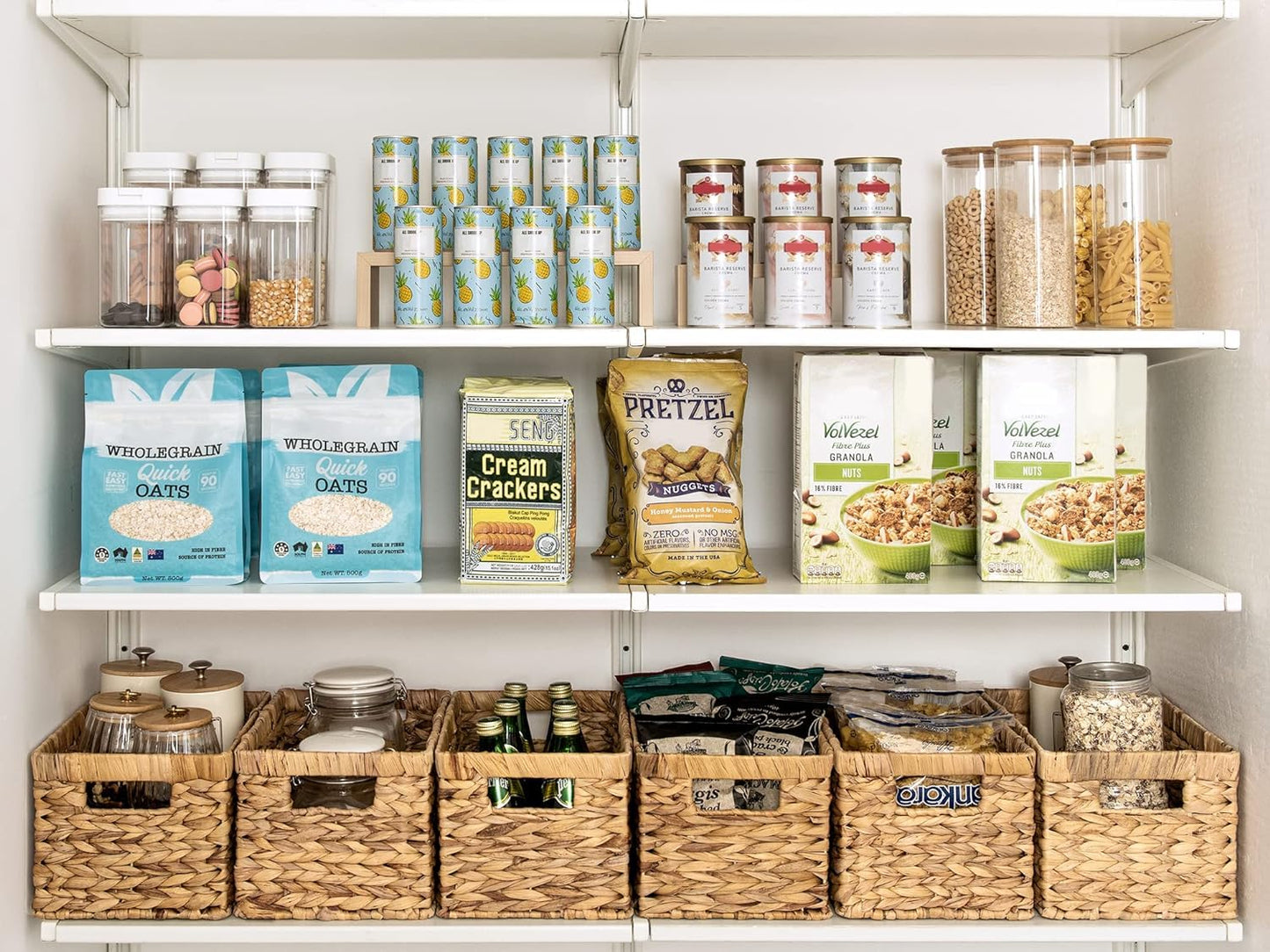 SKY-TOUCH Wicker Storage Baskets Set of 3, Handwoven Paper Rope Baskets with Wooden Handles, Decorative Organizer for Tabletop, Cabinet, Shelf, Pantry and Home Storage