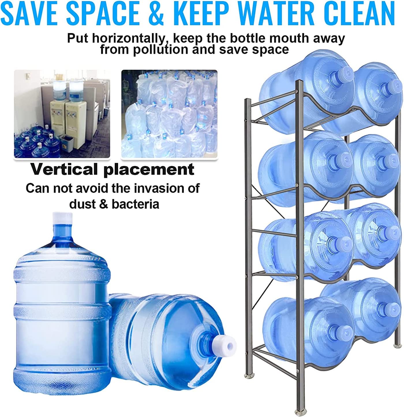 SKY-TOUCH Water Bottle Storage Stand 4 Tier, Water Bottle Holder 8 Bottles of 5 Gallons Heavy Duty Water Jug Rack for Kitchen Home and Office Easy To Assemble