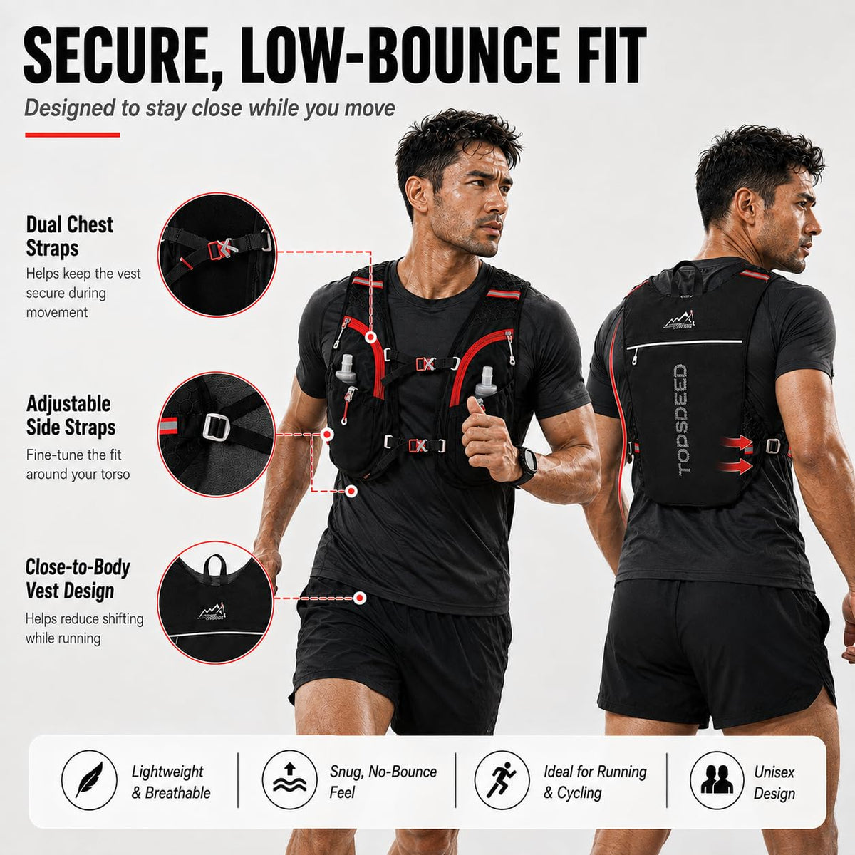SKY-TOUCH 5L Hydration Vest Backpack for Men & Women, 250g Lightweight Breathable Running Pack, Compatible with 1L-2L Water Bladder, Adjustable Trail Cycling Hiking Bag, Black