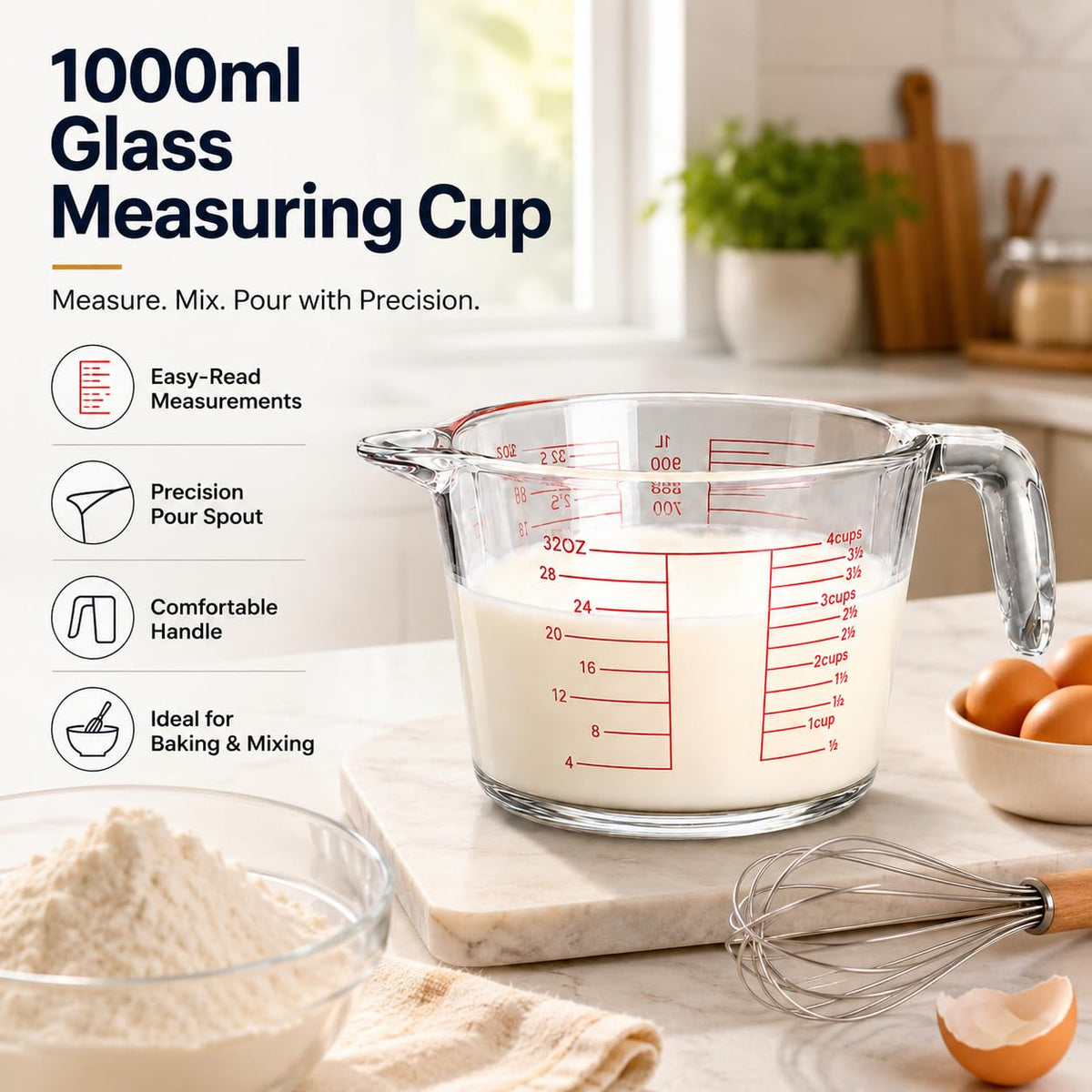 SKY-TOUCH 1000ml Glass Measuring Cup, Heat-Resistant Borosilicate Measuring Jug with Easy-Read Red Markings, Precision Pour Spout & Ergonomic Handle for Baking, Cooking, Mixing and Microwave Use