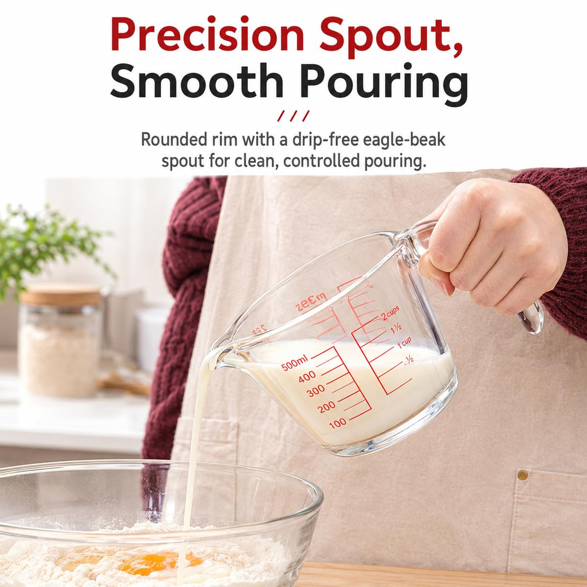SKY-TOUCH 500ml Glass Measuring Cup, Heat-Resistant Borosilicate Measuring Jug with Easy-Read Red Markings, Precision Pour Spout & Ergonomic Handle for Baking, Cooking, Mixing and Microwave Use