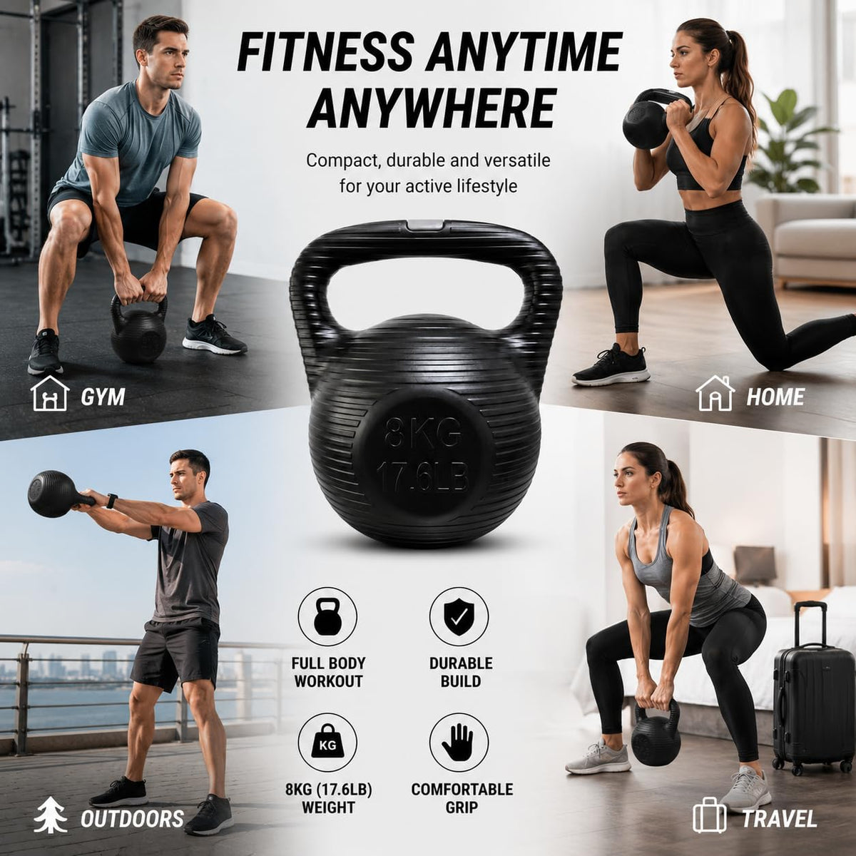 SKY-TOUCH 8KG Water-Filled Kettlebell, Fillable Fitness Weight with Anti-Slip Threaded Handle, Large TPR Plug and Stable Base for Home Gym Strength Training