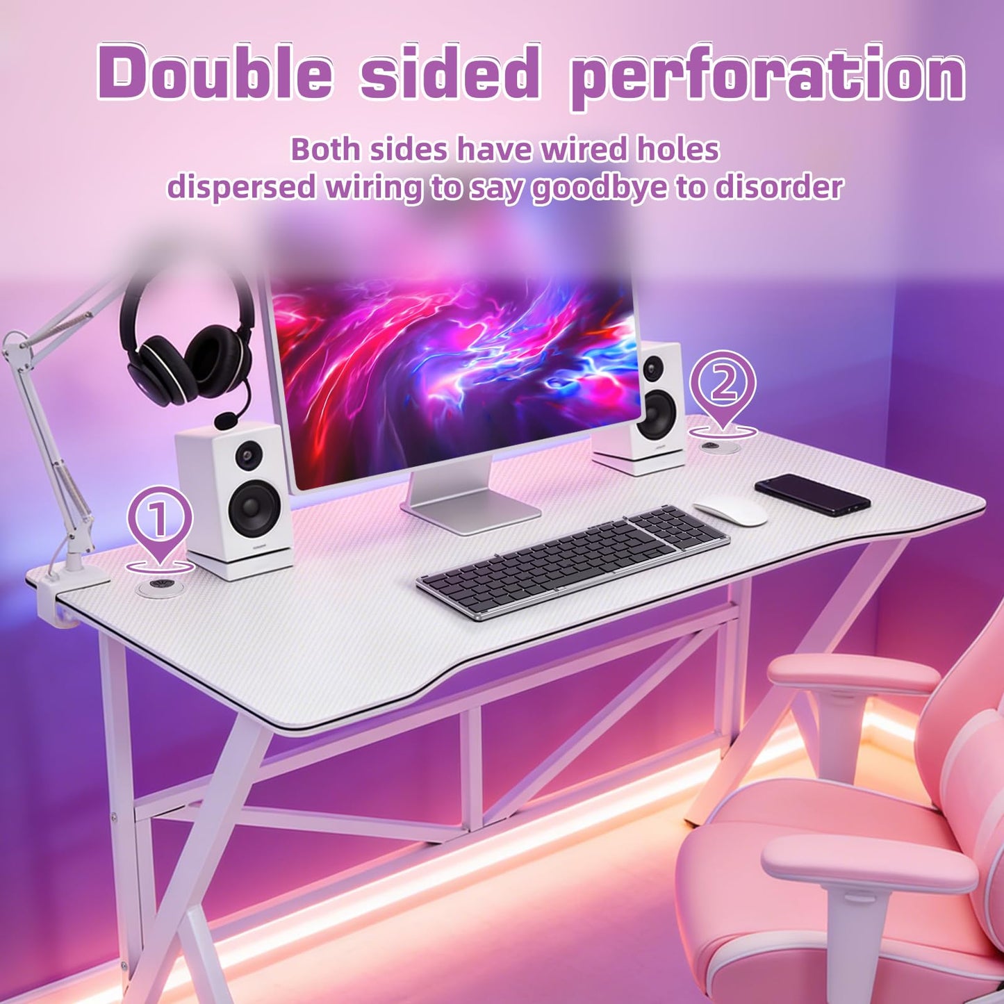SKY-TOUCH 120x60cm Gaming Computer Desk, Home Office Computer Desk, Minimalist style Gamer Desk with Carbon Fiber Desktop K-Shaped Ergonomic Computer Desk for Home Office,White
