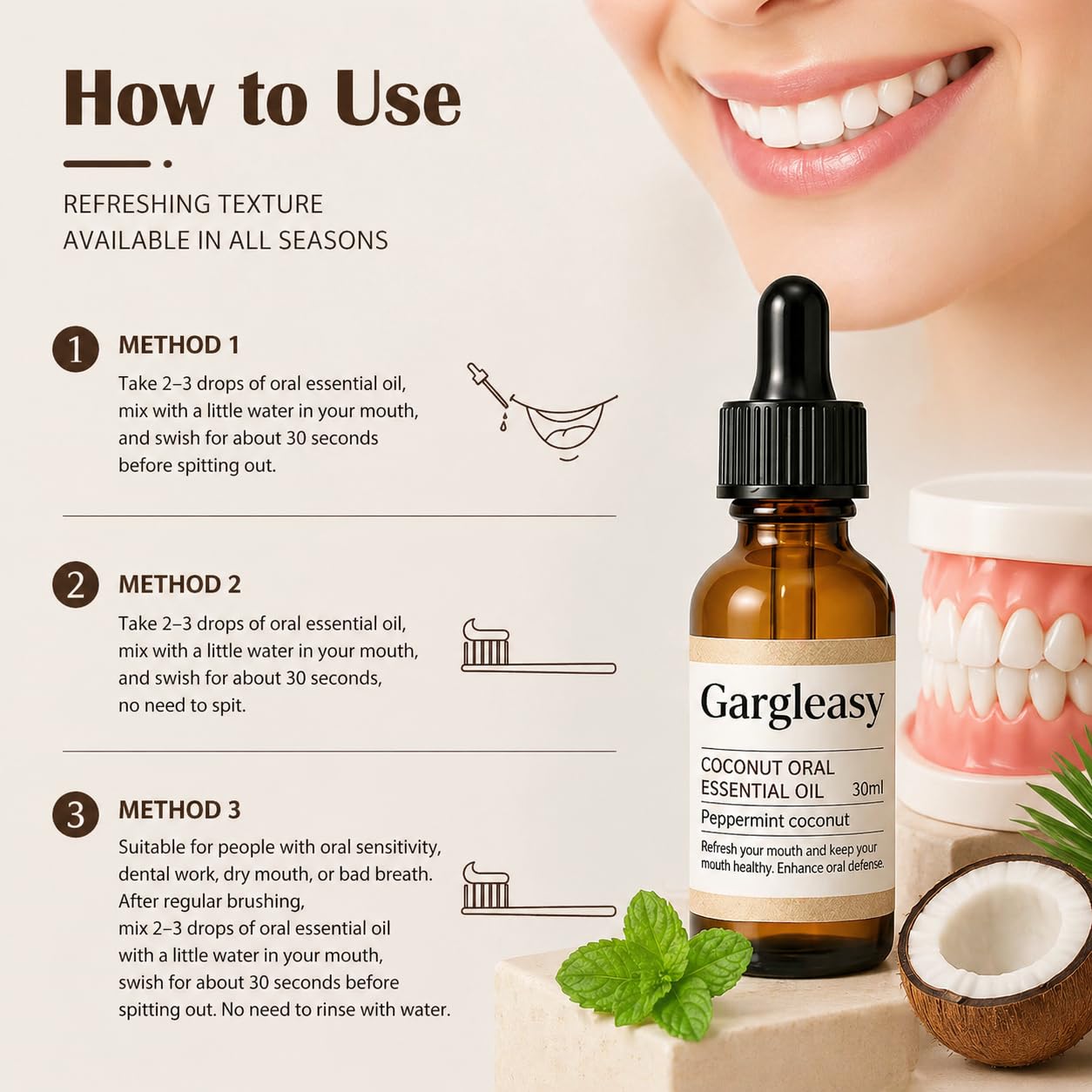 SKY-TOUCH Coconut & Mint Essential Oil Mouthwash 30ml for Oral Care - Fresh Breath, Teeth Whitening & Gum Protection