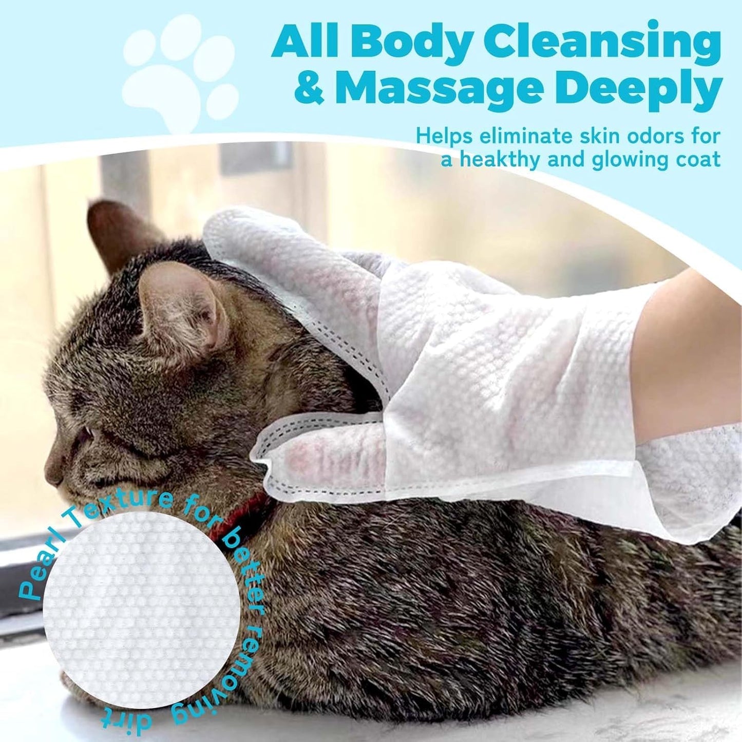SKY-TOUCH 6Pcs Extra Thick Pet Washing Glove Wipe, Rinse-Free Cleaning & Deodorizing Bathing Mitts, Hypoallergenic Grooming Gloves, Moisturizing & Odor Control for Cat & Dog Daily Care and Travel