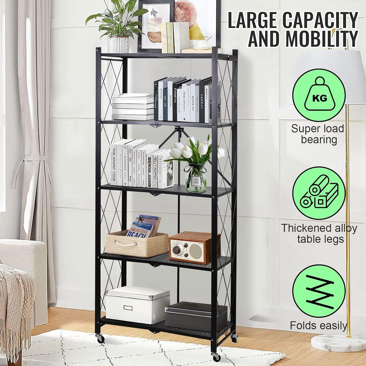 SKY-TOUCH 5 Tier Thickened Foldable Storage Shelves with Wheels, Heavy-Duty Metal Standing Shelf Units, Large Capacity Storage Racks for Kitchen, Garage, Basement, Tool Room, No Assembly (Black)