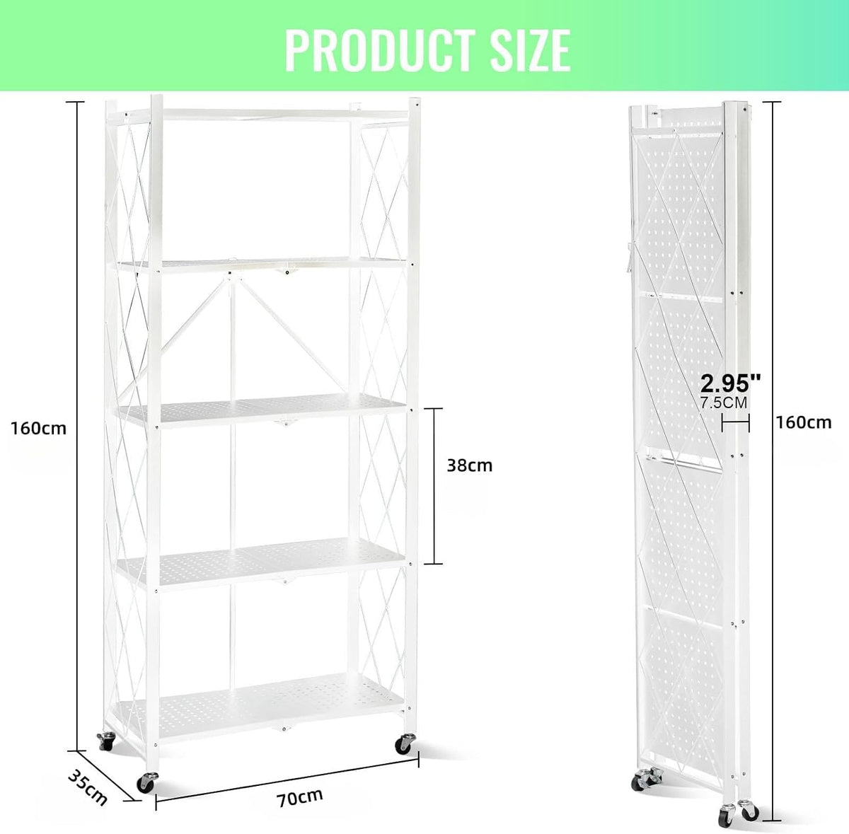 SKY-TOUCH 5 Tier Thickened Foldable Storage Shelves with Wheels, Heavy-Duty Metal Standing Shelf Units, Large Capacity Storage Racks for Kitchen, Garage, Basement, Tool Room, No Assembly (White)