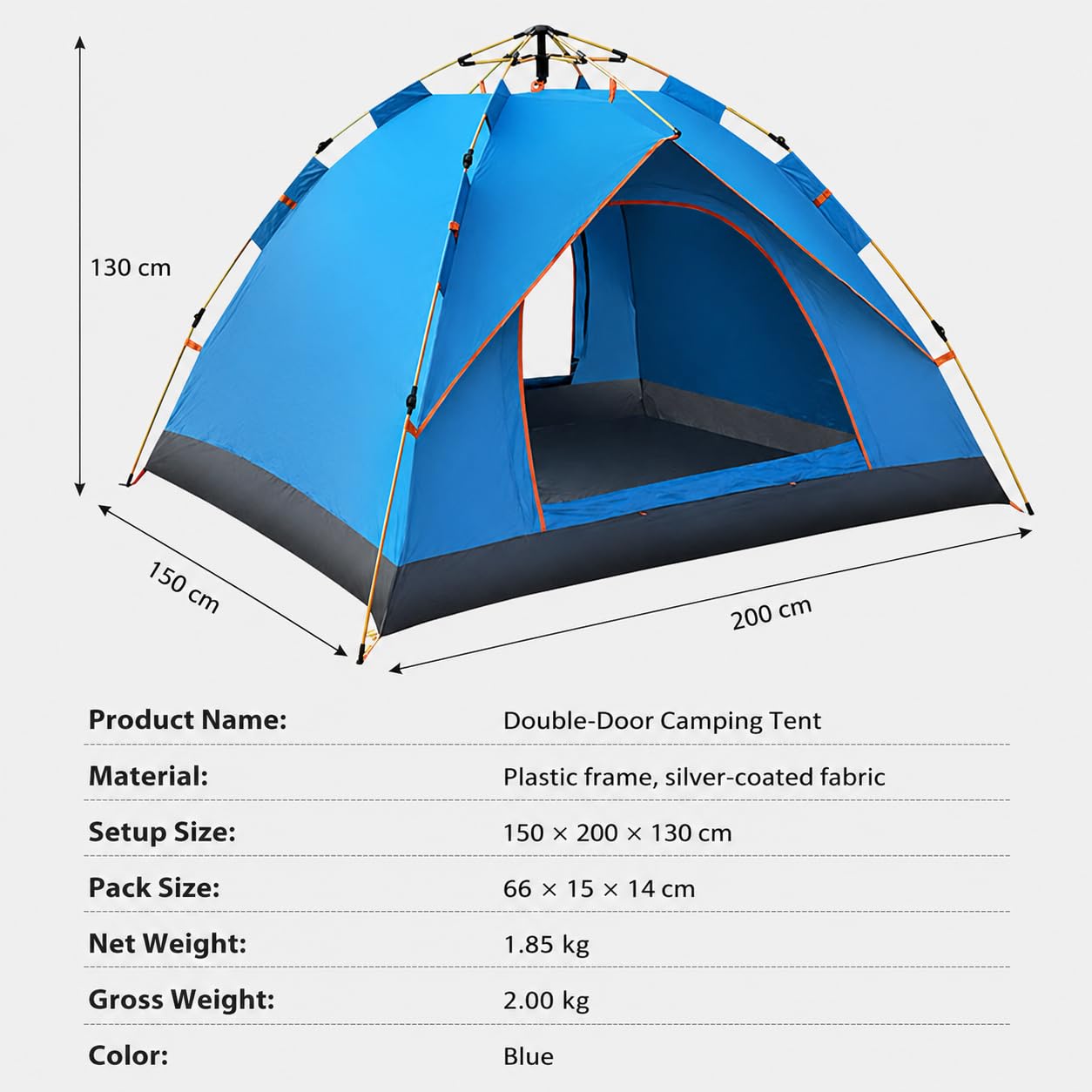 SKY-TOUCH Portable Camping Tent 2-3 Person, 150×200×130cm Lightweight Double Door Tent with Waterproof Fabric, UV Protection, Breathable Mosquito Mesh, Easy Setup Shelter for Camping, Hiking (Blue)