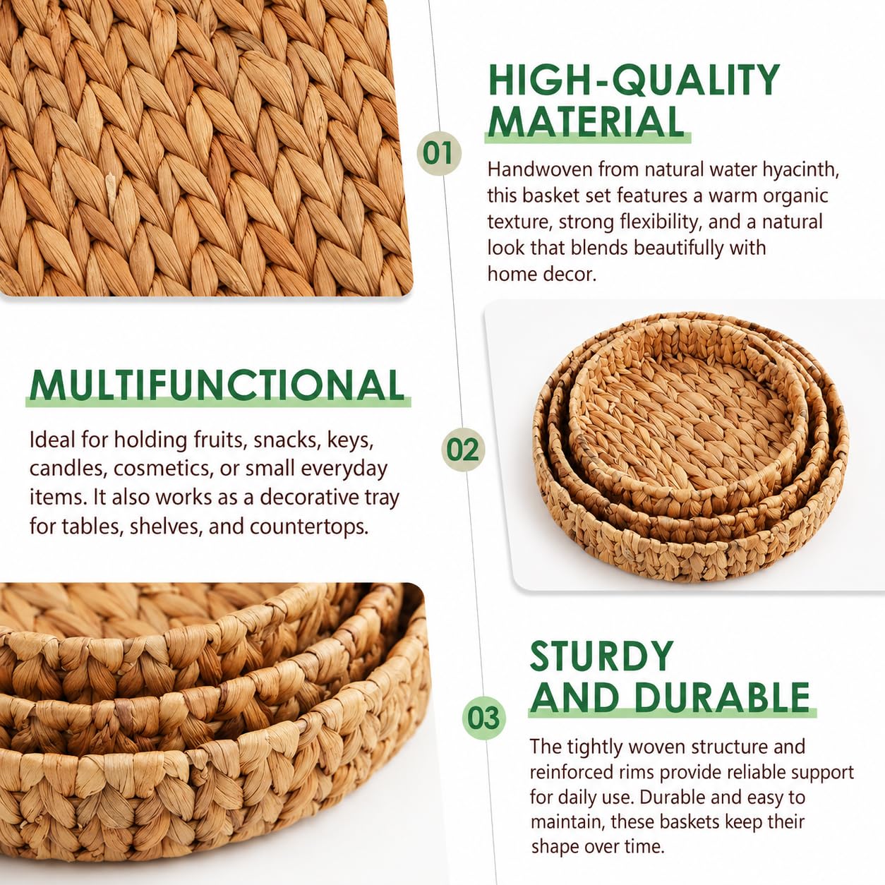 SKY-TOUCH Wicker Storage Tray Baskets Set of 3, Handwoven Grass Organizer Trays, Rustic Woven Baskets for Coffee Table, Cabinet, Shelf, Fruit and Home Decor