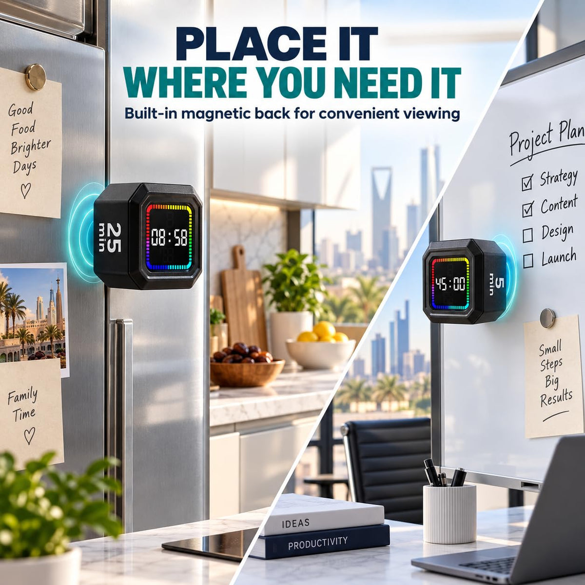 SKY-TOUCH Cube Timer, Flip Gravity Visual Timer with 5/10/25/45 Min Presets, Custom Count Up/Down, Magnetic Back, Rechargeable, 3 Alert Modes for Study, Work, Cooking (Black)