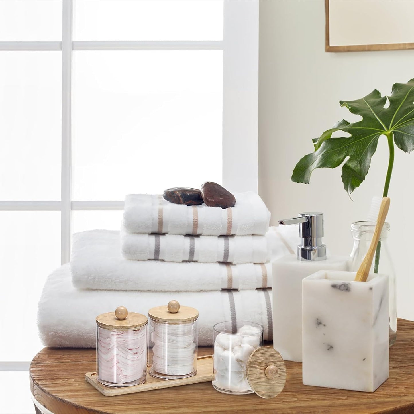 SKY-TOUCH 3-Pack Bathroom Jars Qtip Jars with Bamboo Lids, Acrylic Clear Apothecary Canisters for Cotton Balls, Q-tips, Floss, and Swabs – Includes Tray for Organized Bathroom Accessories