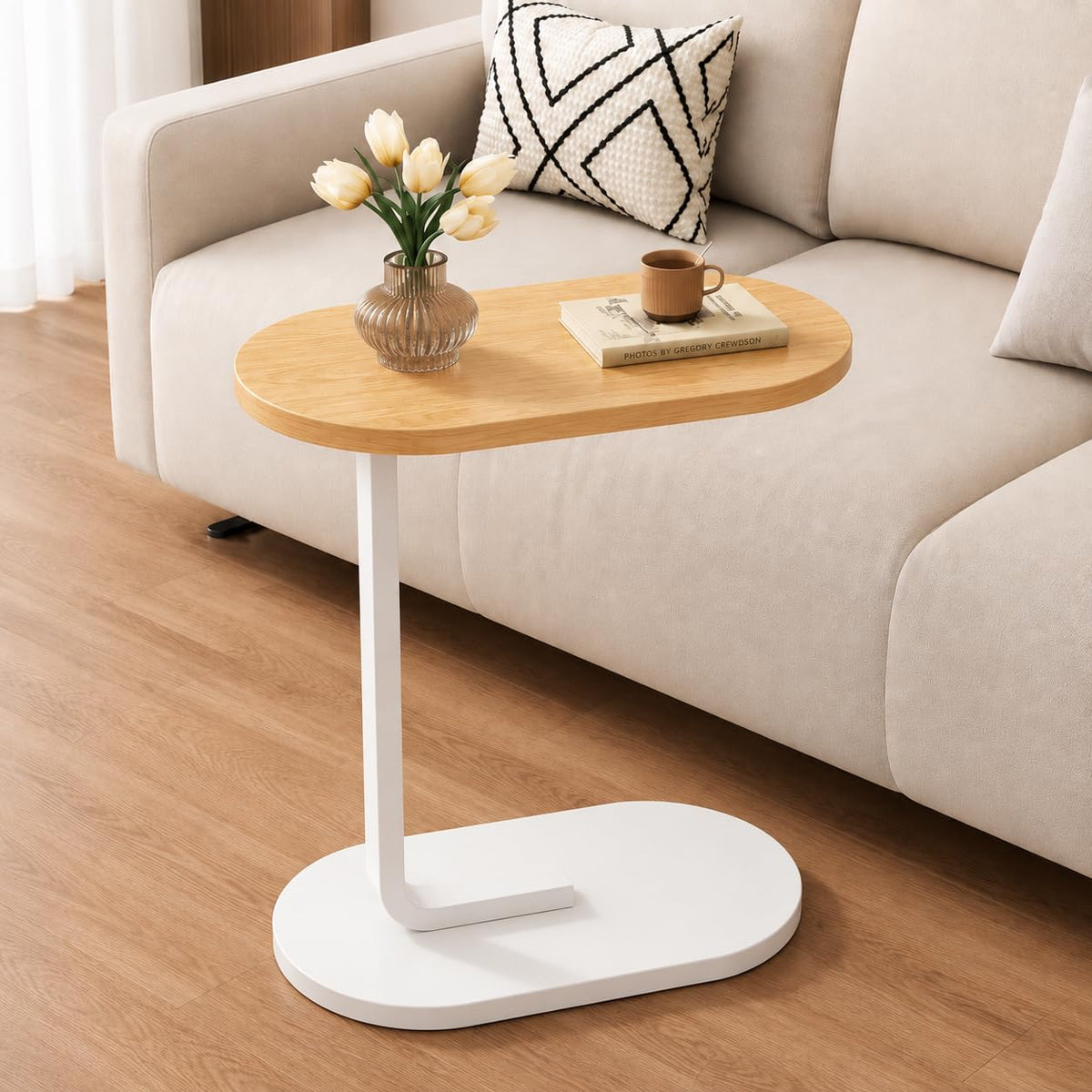 SKY-TOUCH C-Shaped End Table, Small Side Table for Couch, Sofa table, Perfect Snack Table with Metal Frame for Bedroom, Living Room & Small Spaces, Overbed Tables (White) - 45x28x58.5cm