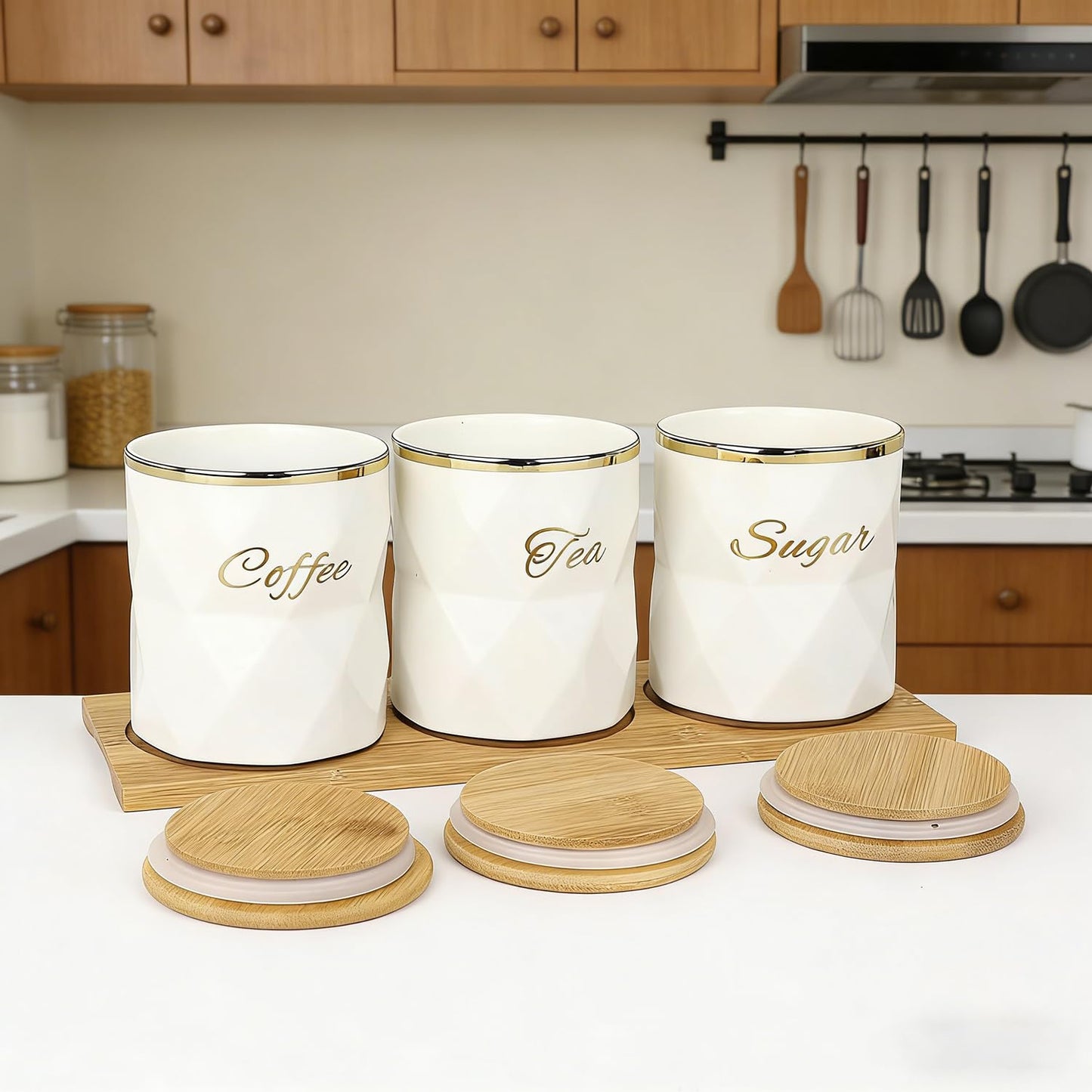 SKY-TOUCH Ceramic Canisters Set of 3 - Airtight Storage Jars for Sugar, Coffee & Tea | Elegant Kitchen Counter & Dining Room Decor with Lids