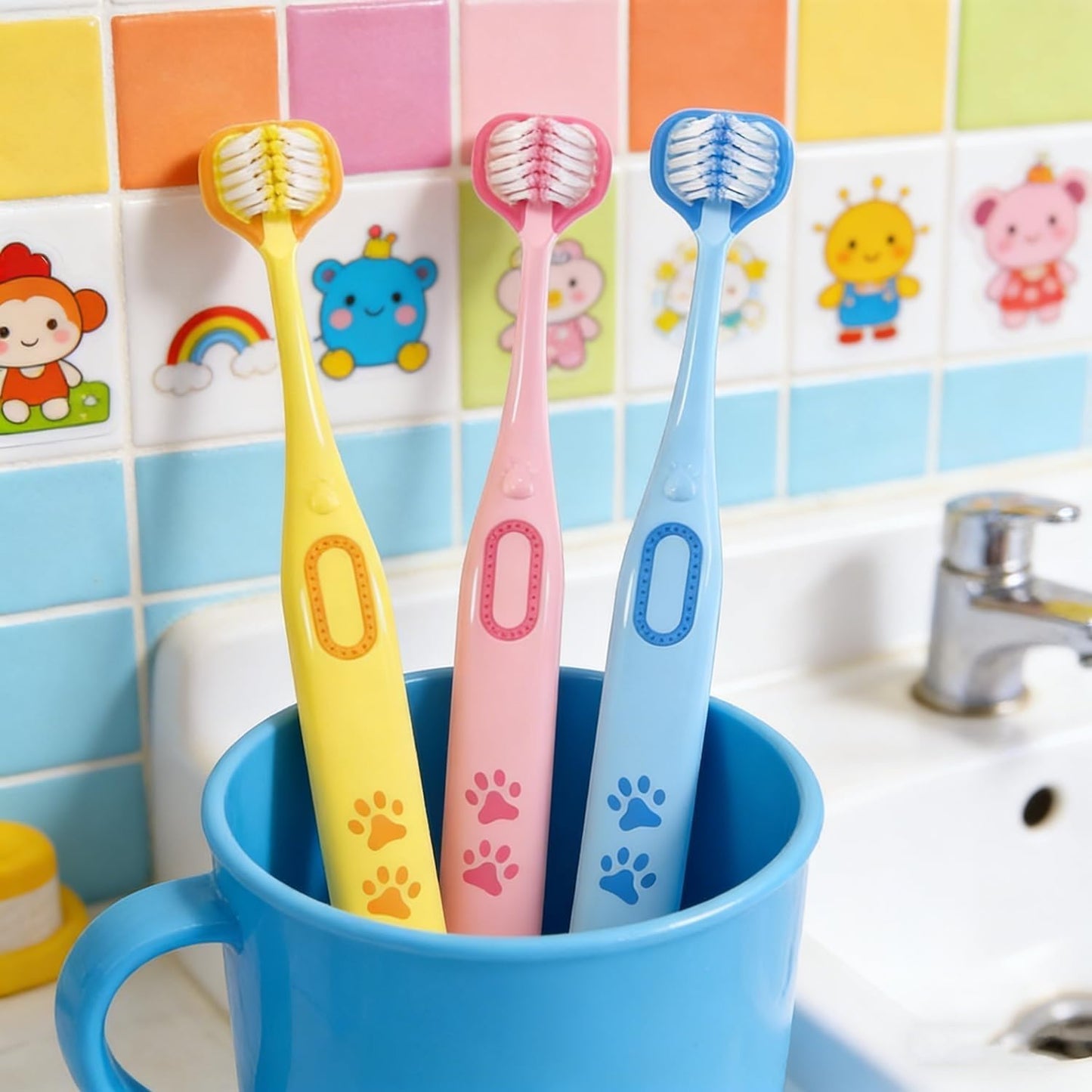 SKY-TOUCH Children's toothbrush set, Toddler, soft bristle, Easy to hold, Three-sided brush head, Suitable for children aged 2-8, （3 pack）
