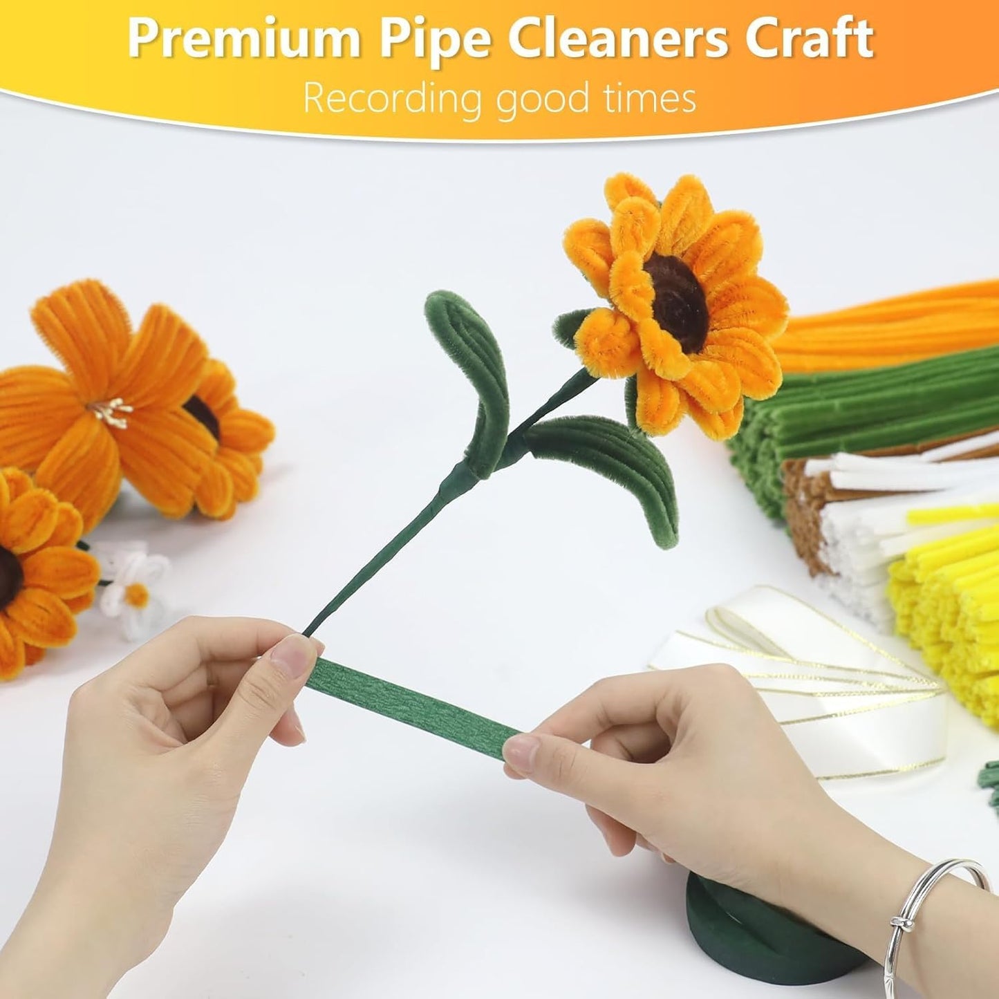 SKY-TOUCH Flower Pipe-Sunflower Stick Craft Kit: 440 Thickened Pipe Sticks In 5 Mixed Colors Includes Floral Wire And Ribbon Perfect for DIY Bouquet Making, Suitable For Birthdays, Graduations