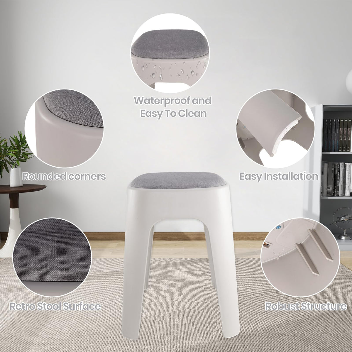 SKY-TOUCH 1 PACK Stackable High Square Stool with Fabric Soft Cushion, Durable Backless Stool,Furniture Stool for Living Room Dining Room Indoor Furniture L31xW31xH48cm - Grey