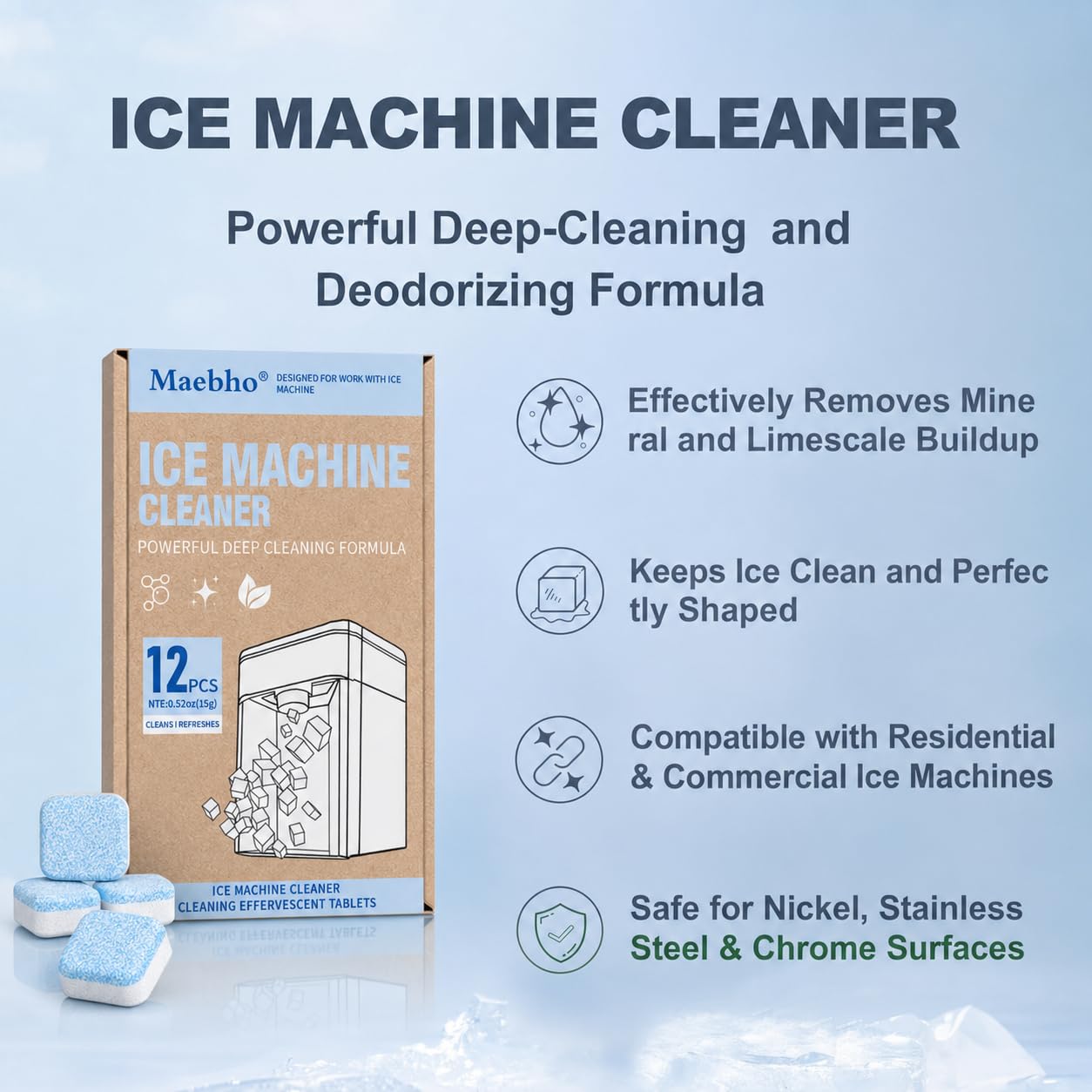 SKY-TOUCH 24 Pack Ice Machine Cleaner Tablets, Descaling Tablets for Countertop Ice Makers, Removes Limescale, Calcium Buildup and Odor, Compatible with Portable Nugget Ice Machines