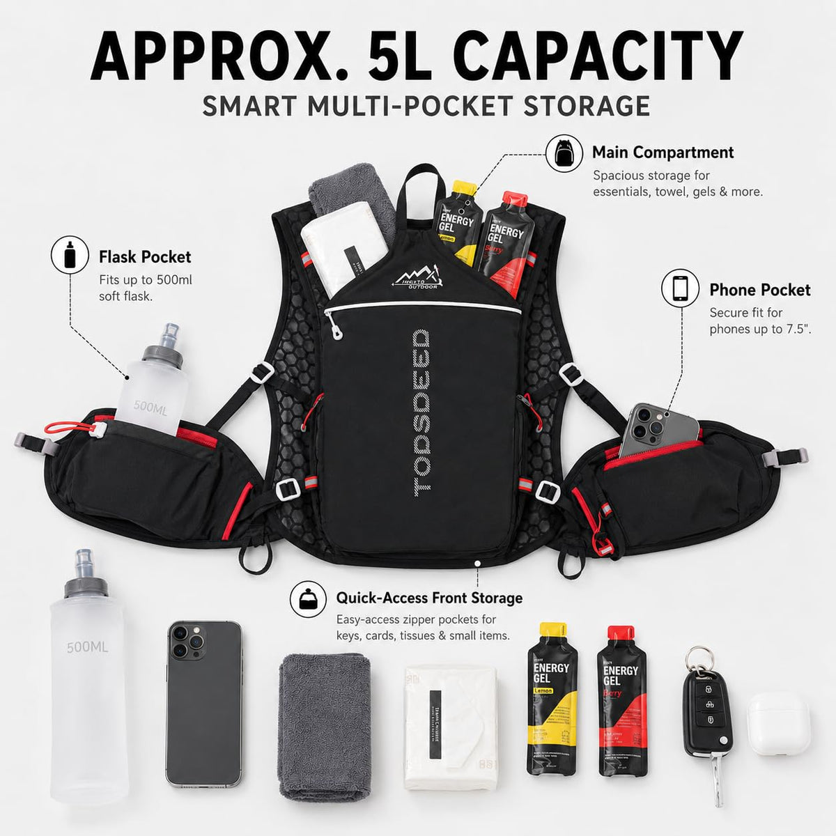 SKY-TOUCH 5L Hydration Vest Backpack for Men & Women, 250g Lightweight Breathable Running Pack, Compatible with 1L-2L Water Bladder, Adjustable Trail Cycling Hiking Bag, Black
